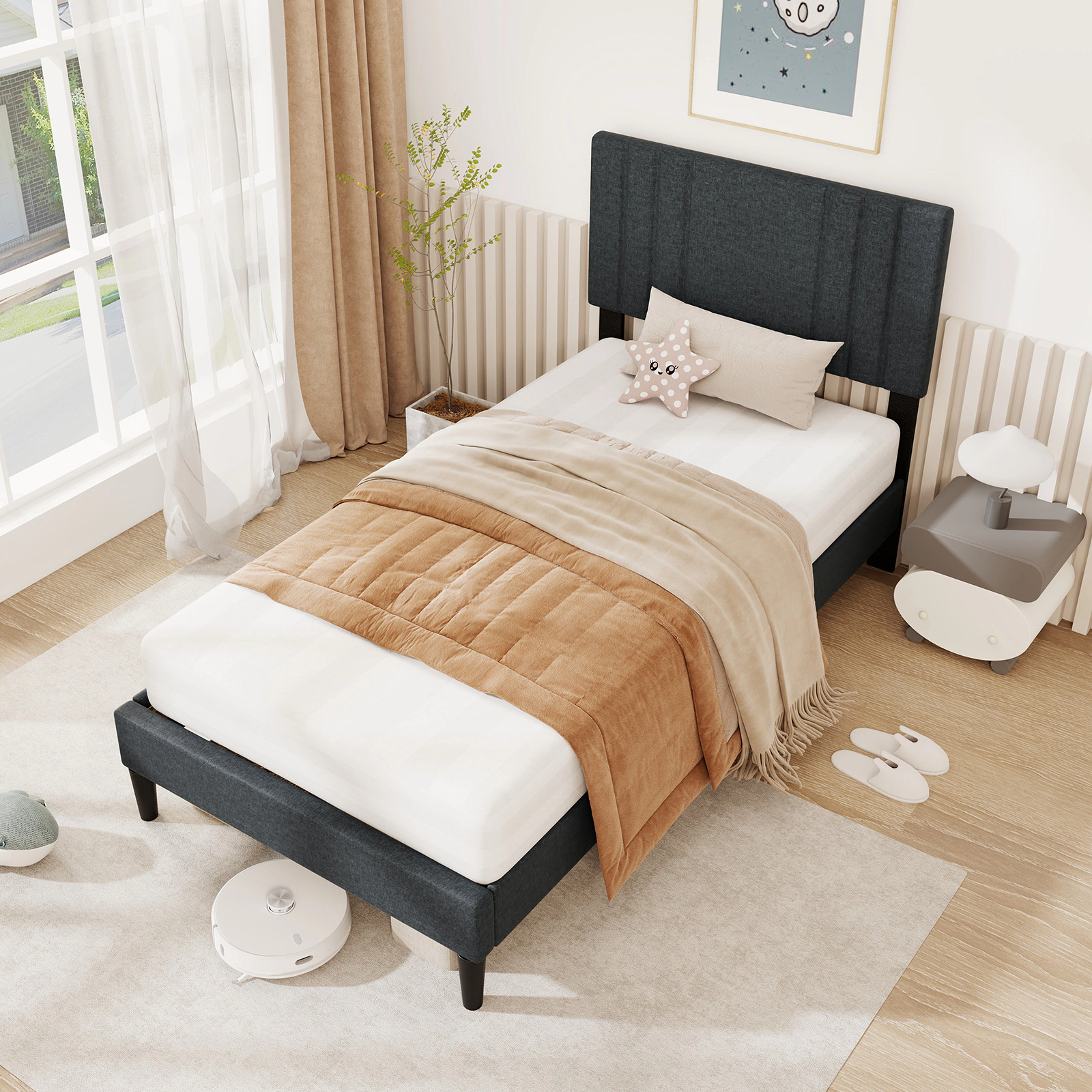 SUGIFT Twin Upholstered Platform Bed with Gray Vertical Channel-Tufted Headboard