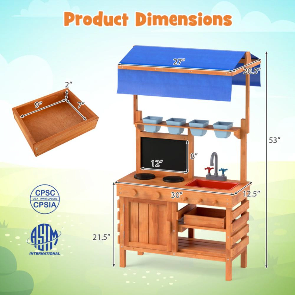 Hivvago Wooden Pretend Play Kitchen with Height Adjustable Canopy for Kids-Natural
