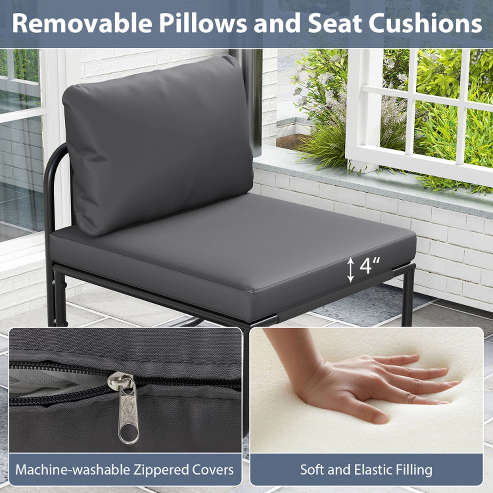 SUGIFT Set of 2 Grey Metal Outdoor Balcony Lounge Chairs with Washable Removable Cushions