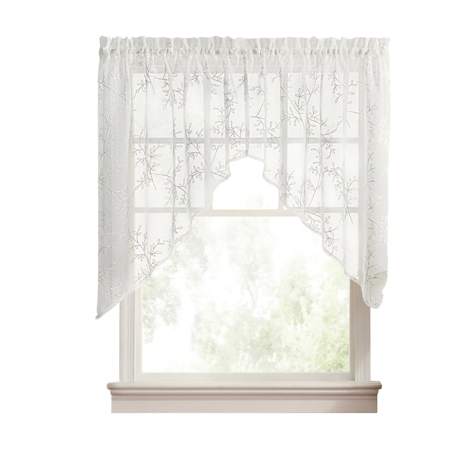 Ellis Curtain Brewster 100% Polyester Tailored Embroidered Sheer Rod Pocket Swag Pair  70" x 38" White