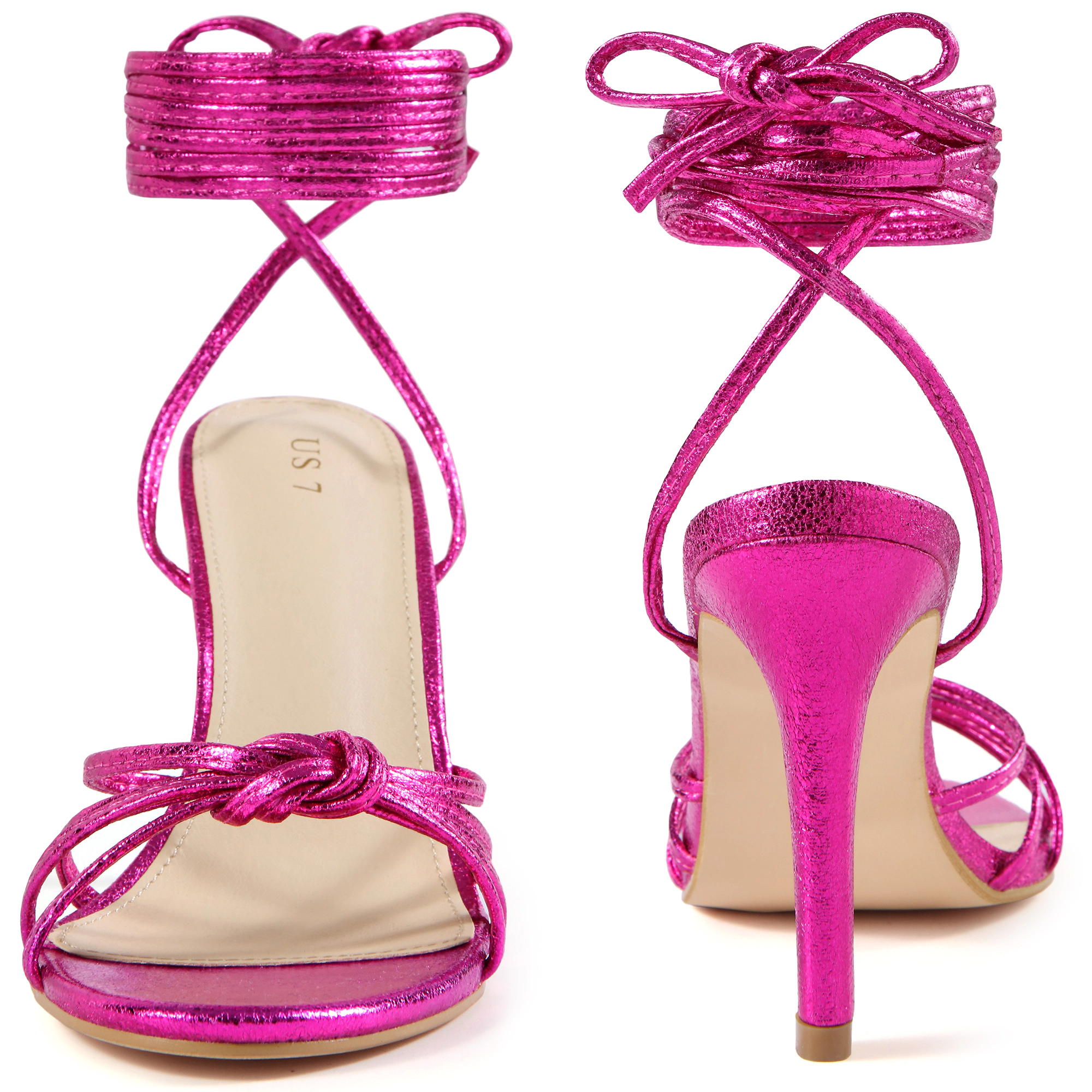 BLISSFUL STEP Women's Metallic Knot Strappy Lace Up Open Toe Stiletto Heel Sandals