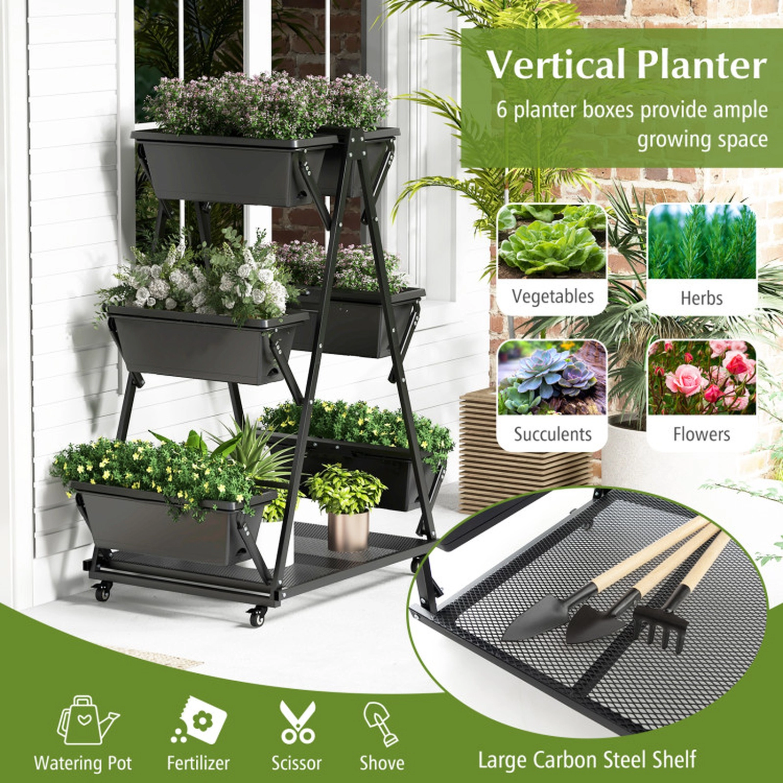 SUGIFT 3-Tier 22-lb Per-Box Vertical Raised Garden Bed with 6 Containers 4 Wheels and Steel Storage Shelf