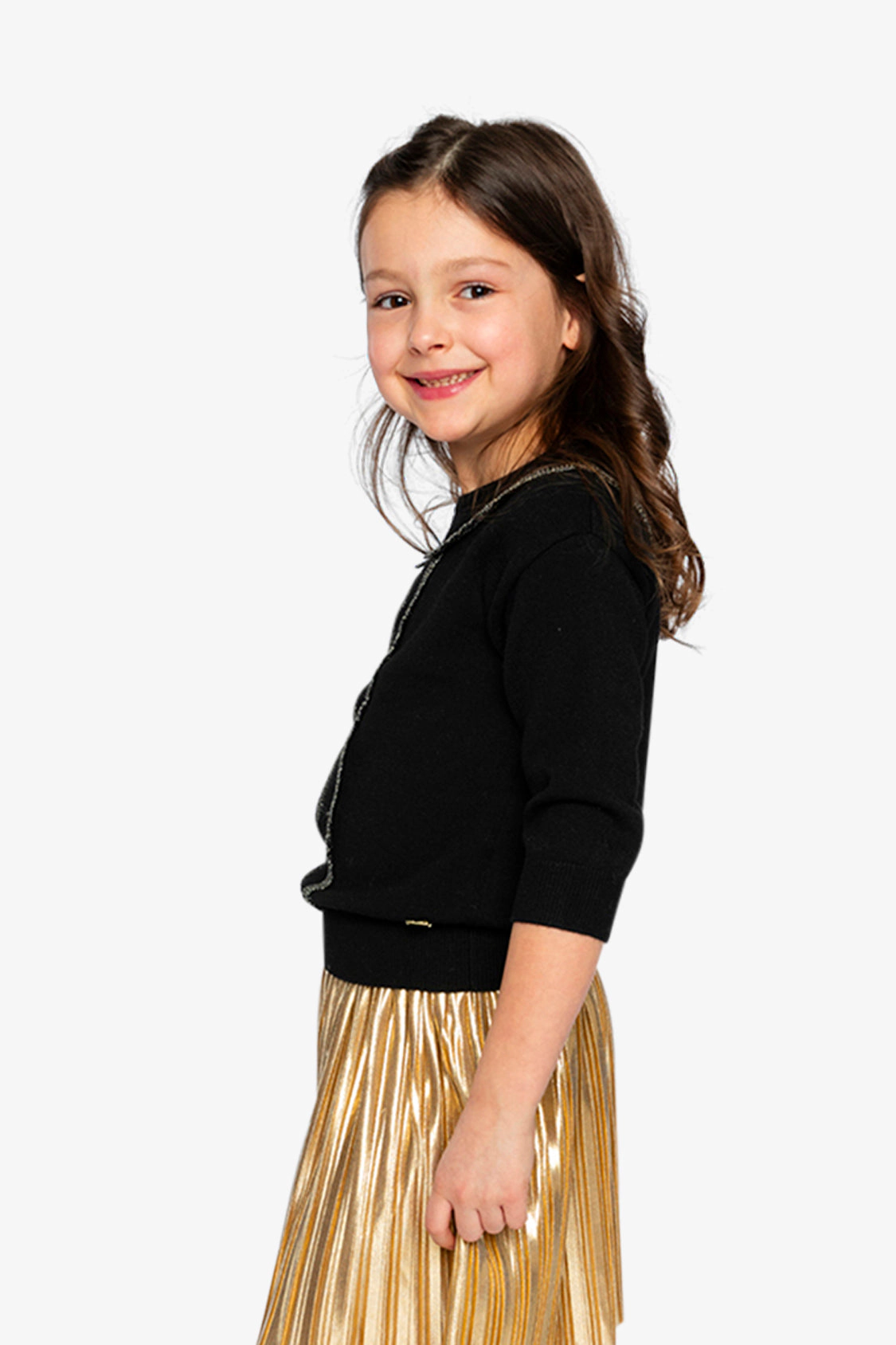 Deux par Girls Knitted Crewneck Sweater with Metallic Lace Detail