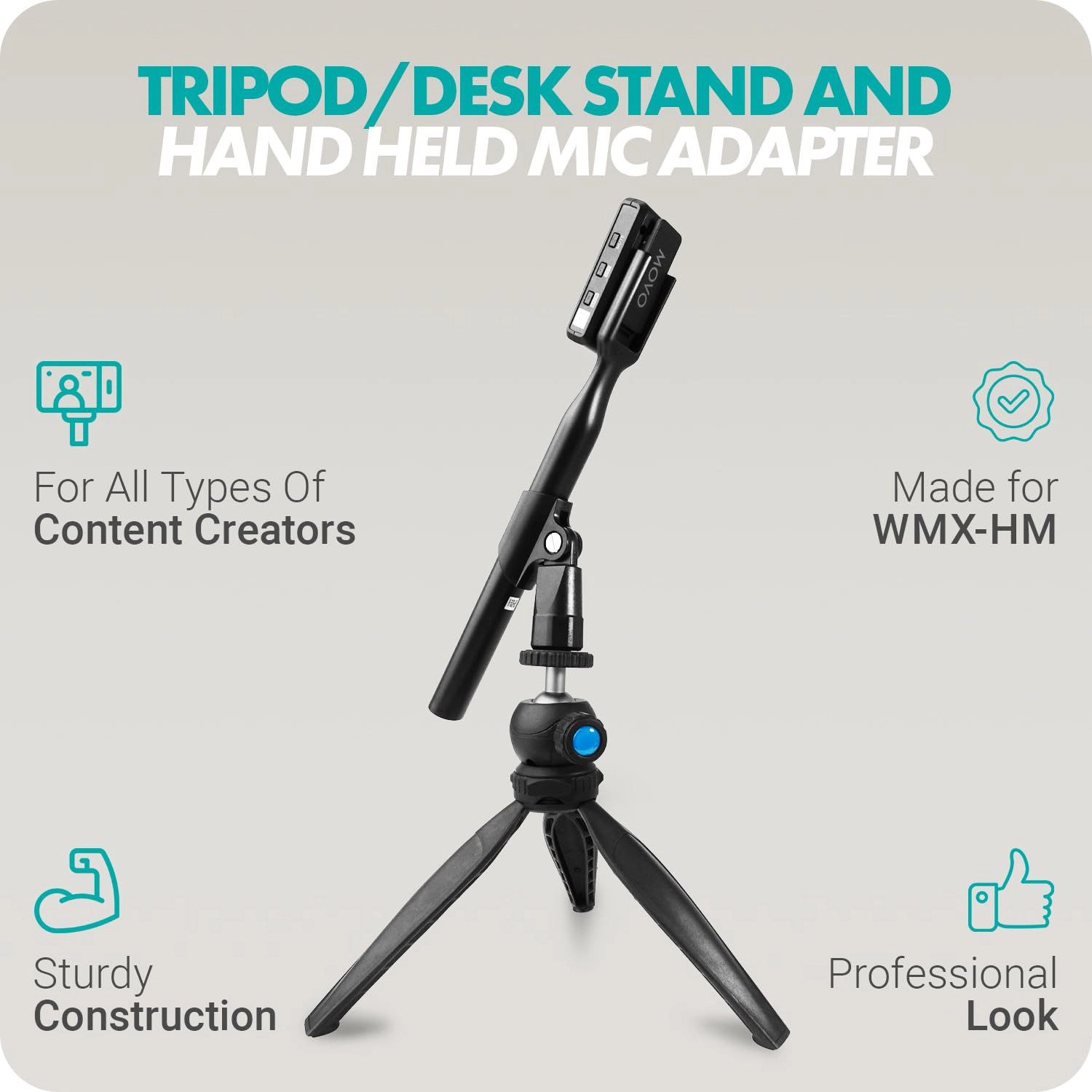 Movo HMT-2 Tabletop Tripod Microphone Stand for Movo WMX-HM and Rode Interview Go Handheld Wireless Mic Adapters