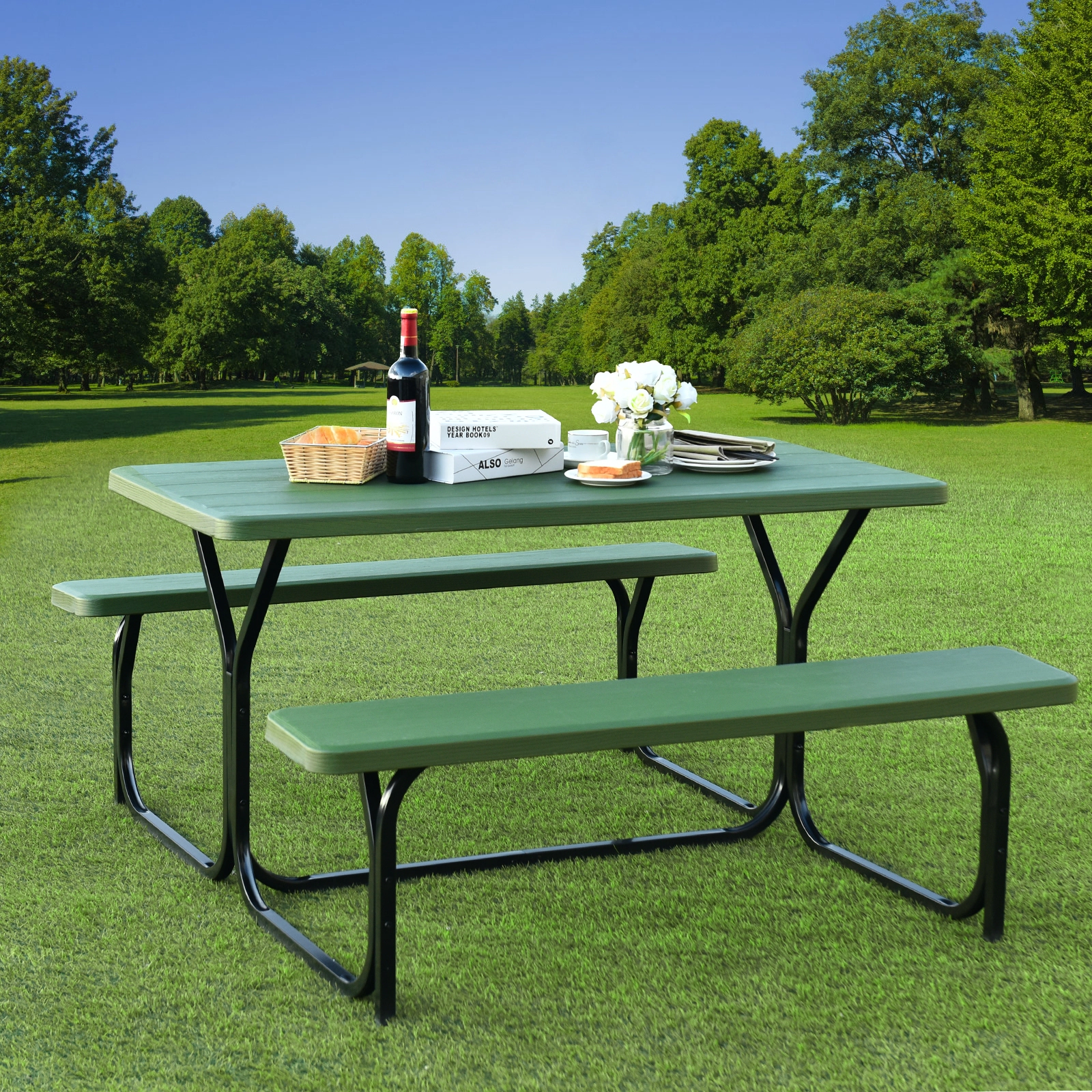 SUGIFT HDPE Outdoor Picnic Dining Bench Set with Metal Frame 330-lb Table 440-lb Benches Green