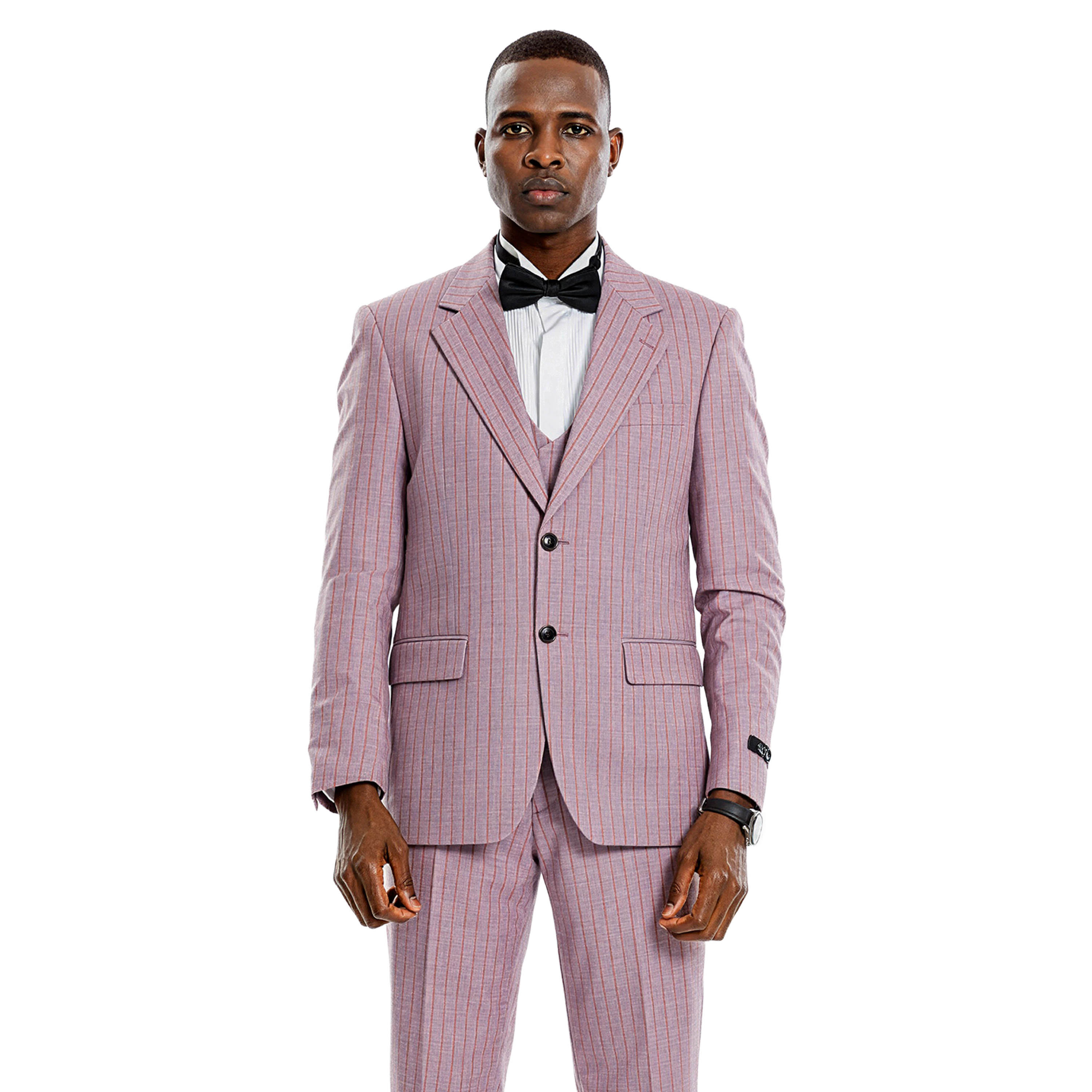 Tazzio Mens Pinstripe 3pc Skinny Fit Suit Set with a Double Breasted Vest
