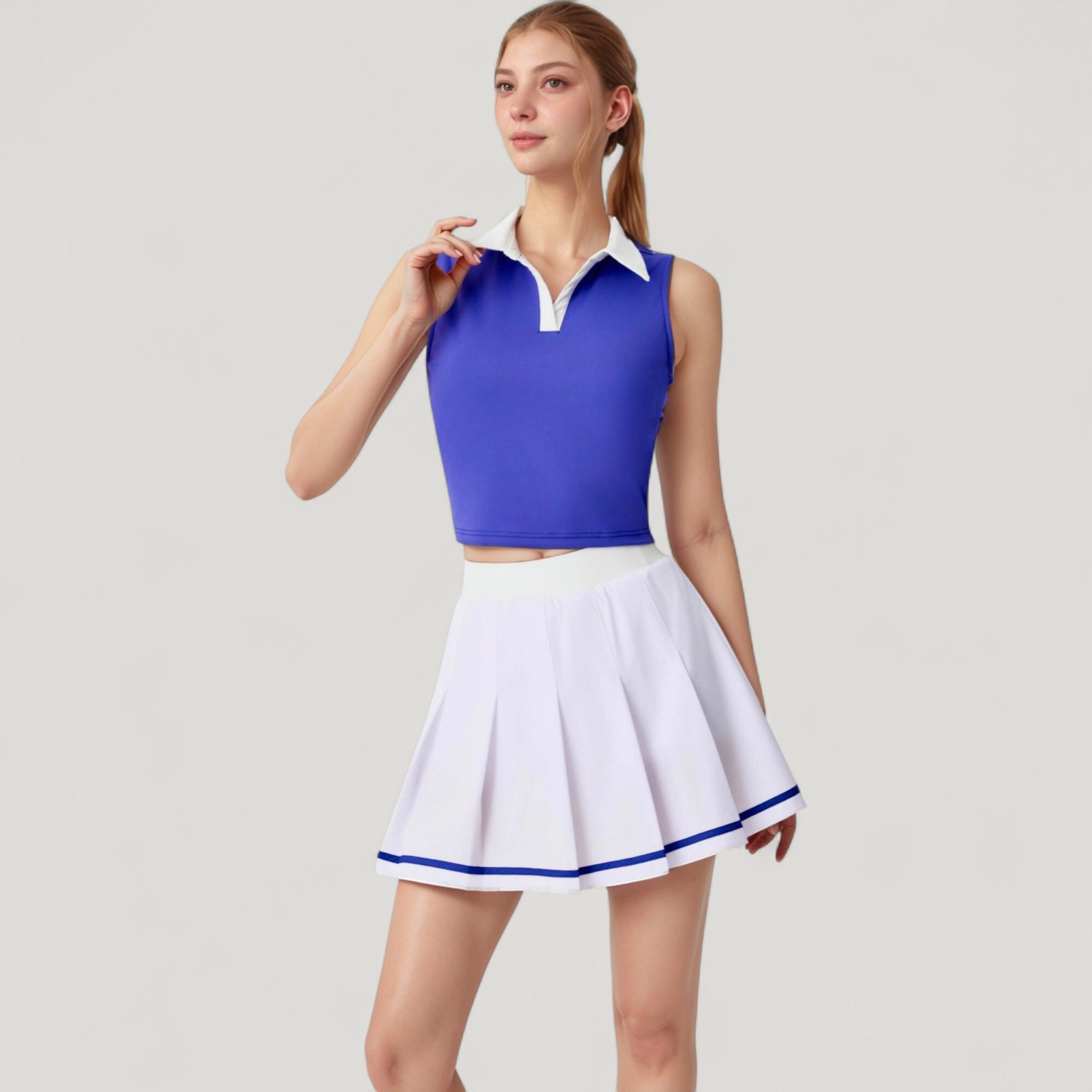 Anna-Kaci Women's Two-Piece Tennis Set with Sleeveless Polo Crop Top and Pleated High Waist Skirt
