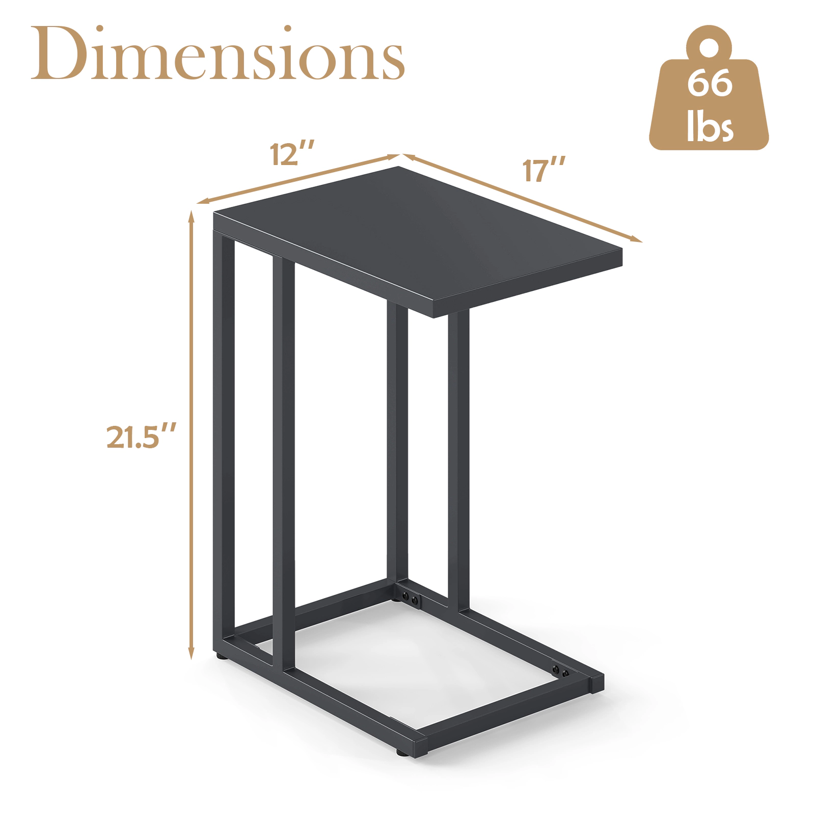 Glintex All-Metal C-Shaped Side Table with Reinforced Crossbars and Adjustable Pads, Dark Gray