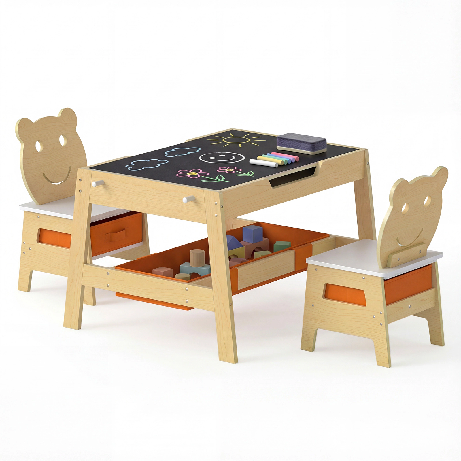 SUGIFT 5-in-1 Toddler Art Table & Chair Set Reversible Chalkboard Whiteboard 110-lb Tabletop Capacity Ages 3-10 Natural