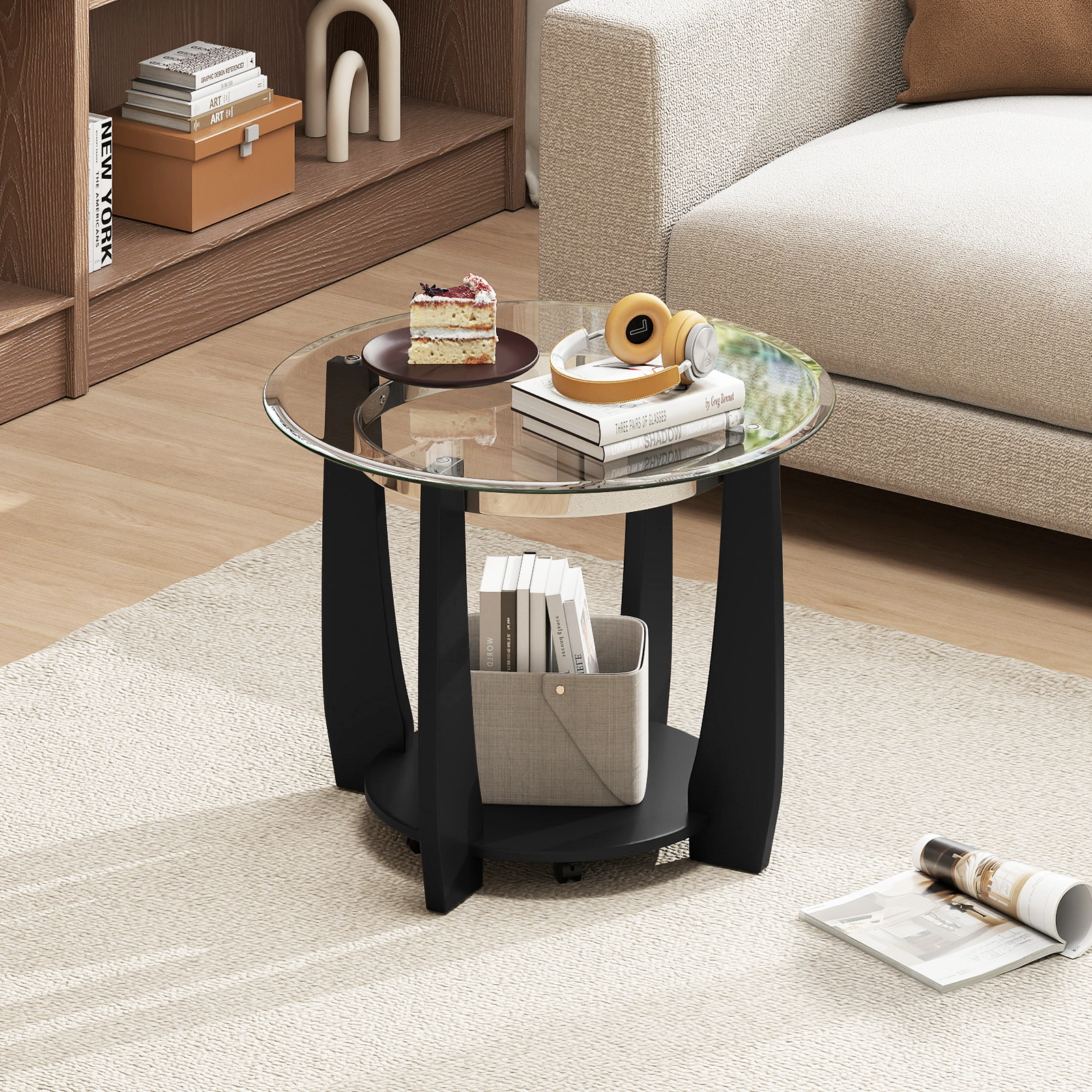 SUGIFT 2-Tier Round Tempered Glass Top Wood Legs 4 Wheels Coffee Table 32-in x 32-in x 20.5-in 300-lb Capacity Black