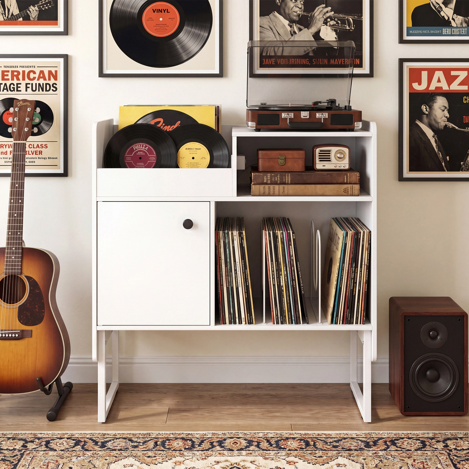 SUGIFT Record Player Stand White with Power Outlets and Vinyl Storage for 250 Albums