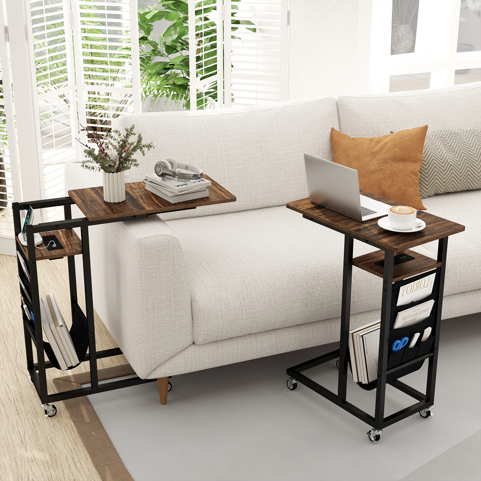 SUGIFT C-Shaped End Table Coffee with Charging Station Retractable Top and Wheels