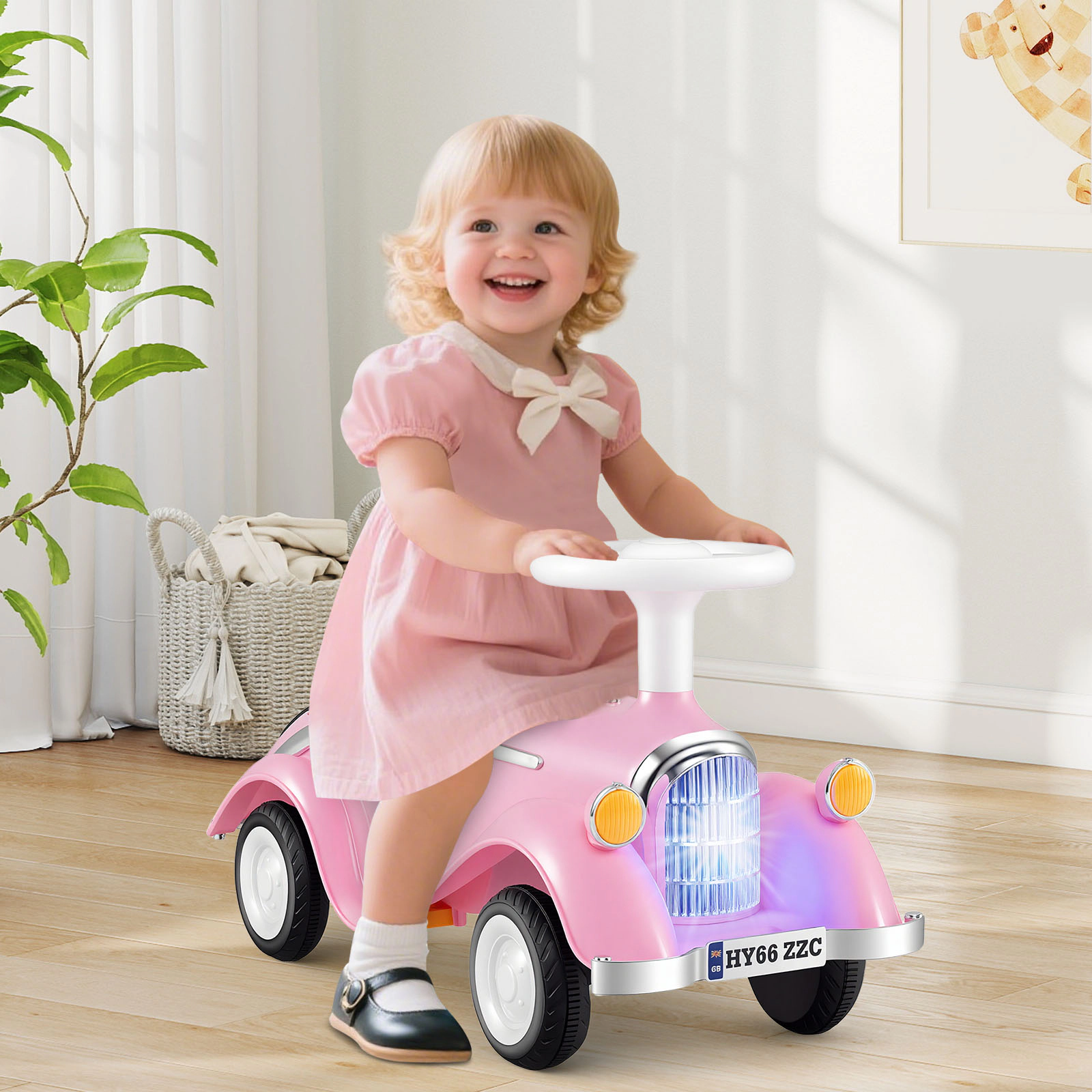 Baby Push Car Toddler Sliding Ride On Toy LED Headlight Horn Button Curved Seat Under-Seat Storage 19-36 Months Pink