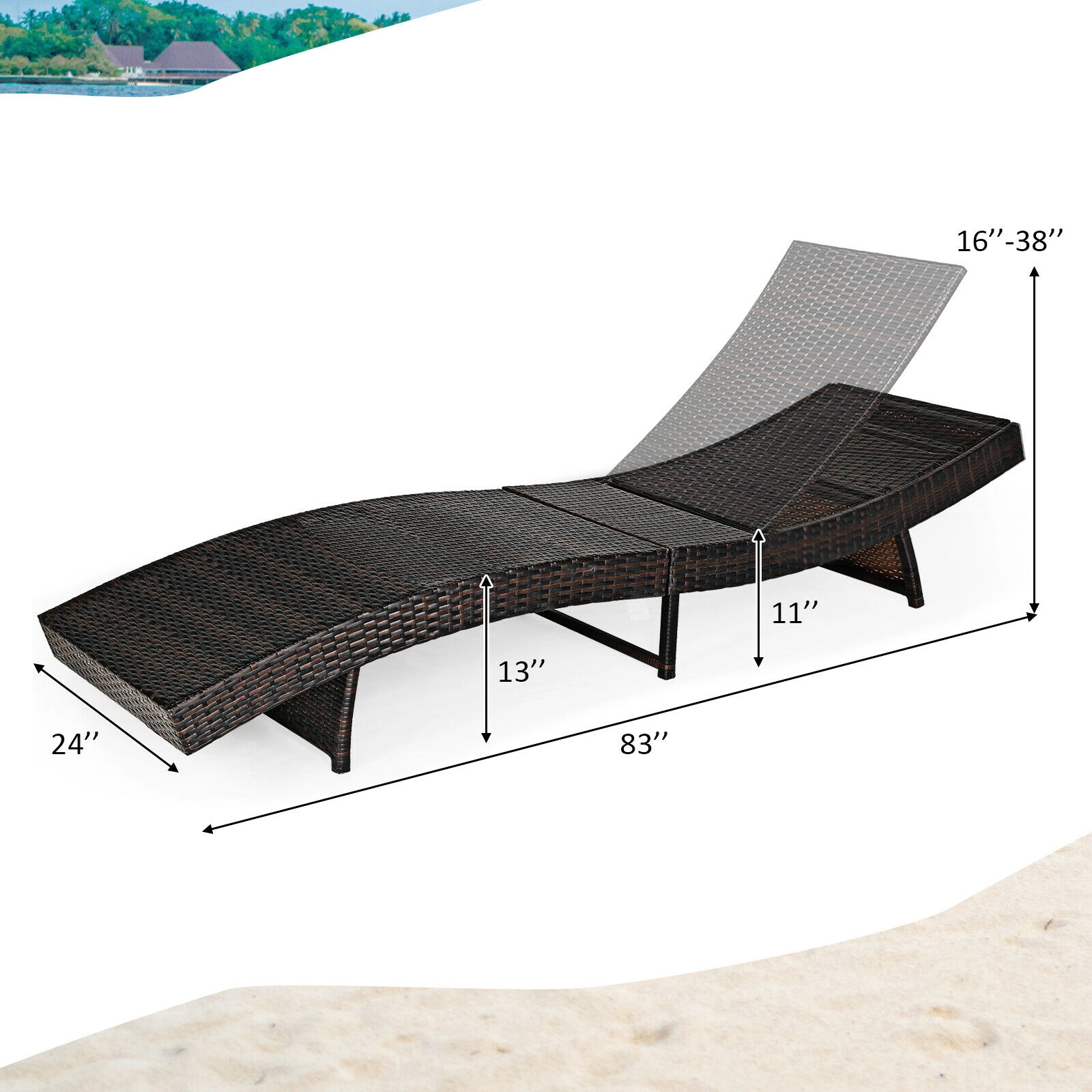 SUGIFT Folding Adjustable Chaise Lounge Chair with Cushion 400-Lb Capacity 5-Position Backrest White/Blue Turquoise