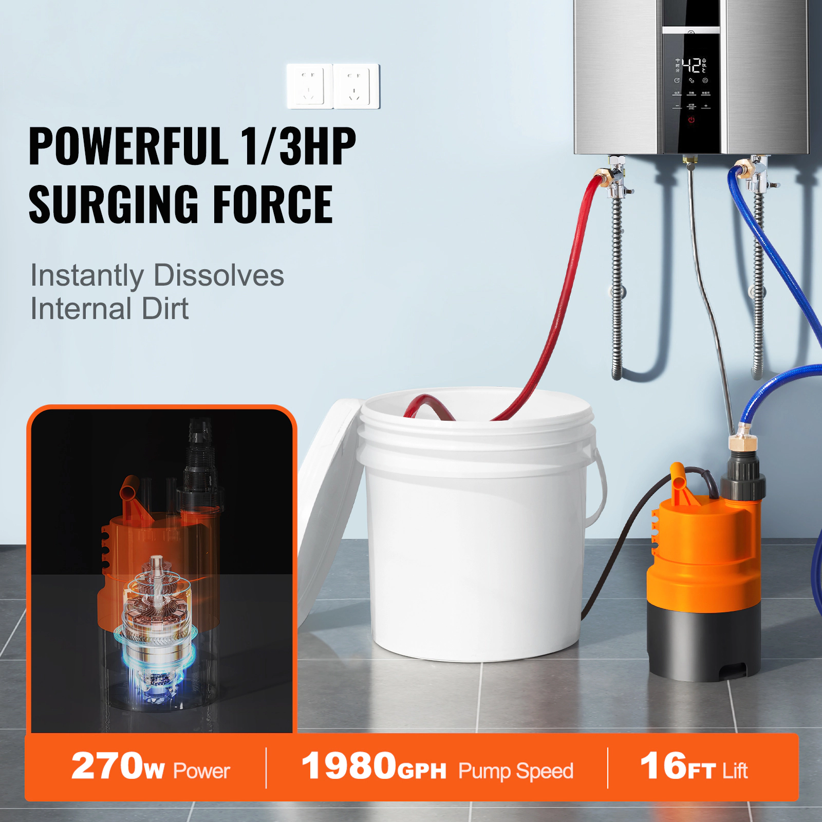HONGGE Tankless Water Heater Flushing Kit, Includes Efficient Pump & Gallon Pail & 2 Hoses