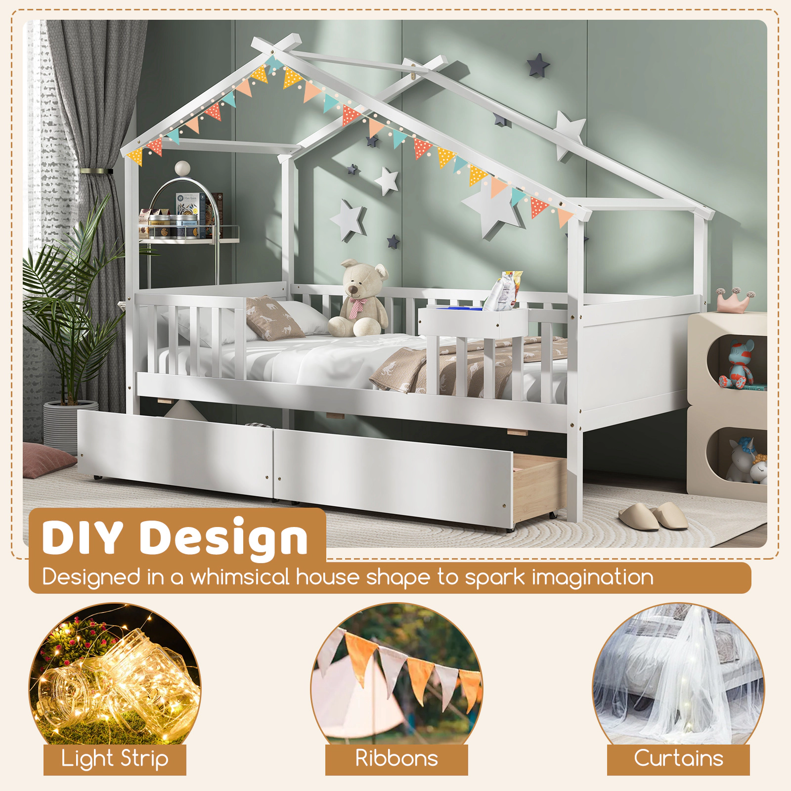 SUGIFT House-Shaped Twin Bed Frame with Roof and Fence Rails 200-lb Capacity with 2 Storage Drawers White