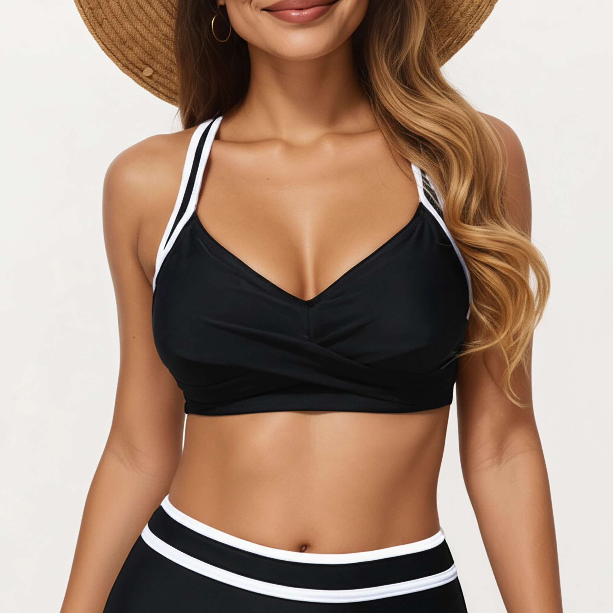 Anna-Kaci Women's 2-Piece Set Contrast Trim Bikini Top with High Waisted Bottom Swim