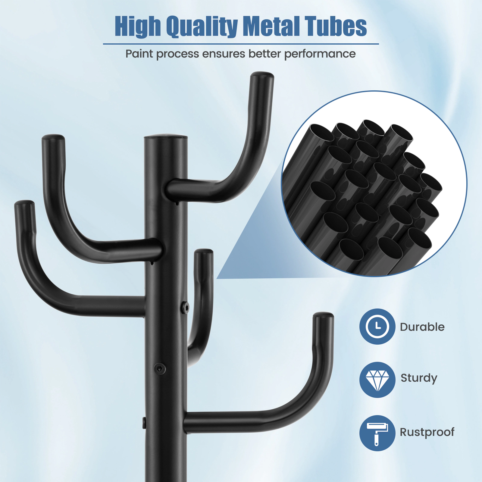 Glintex Freestanding Metal Coat Rack with 8 Hooks and Round Weighted Base, Black