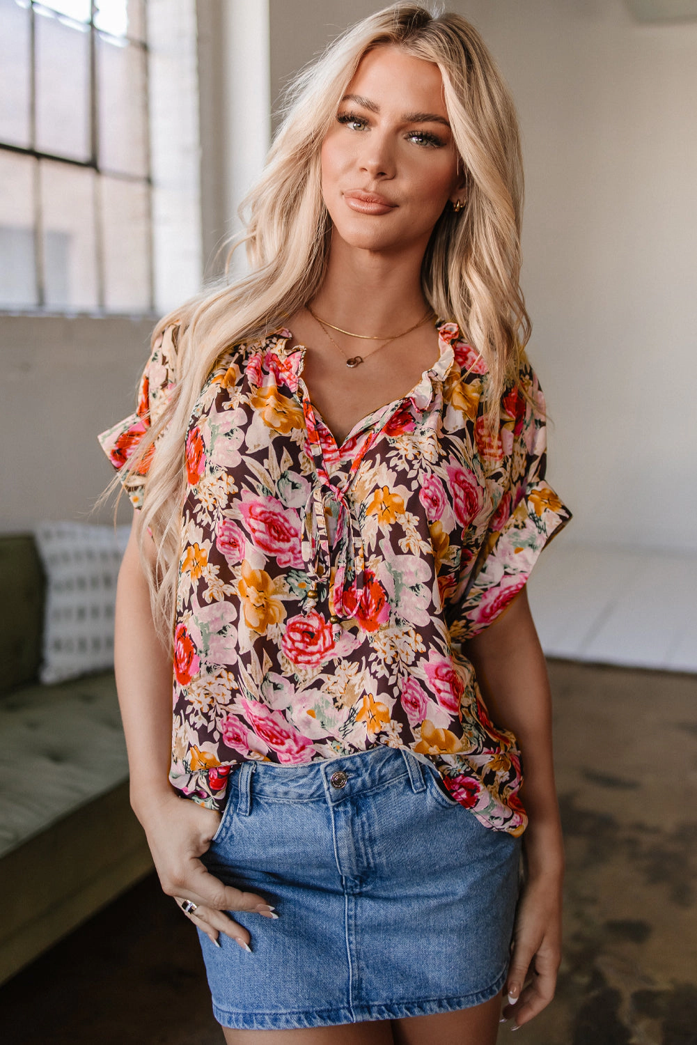 Threaded Pear Women's Rhea Floral Crew Neck Blouse