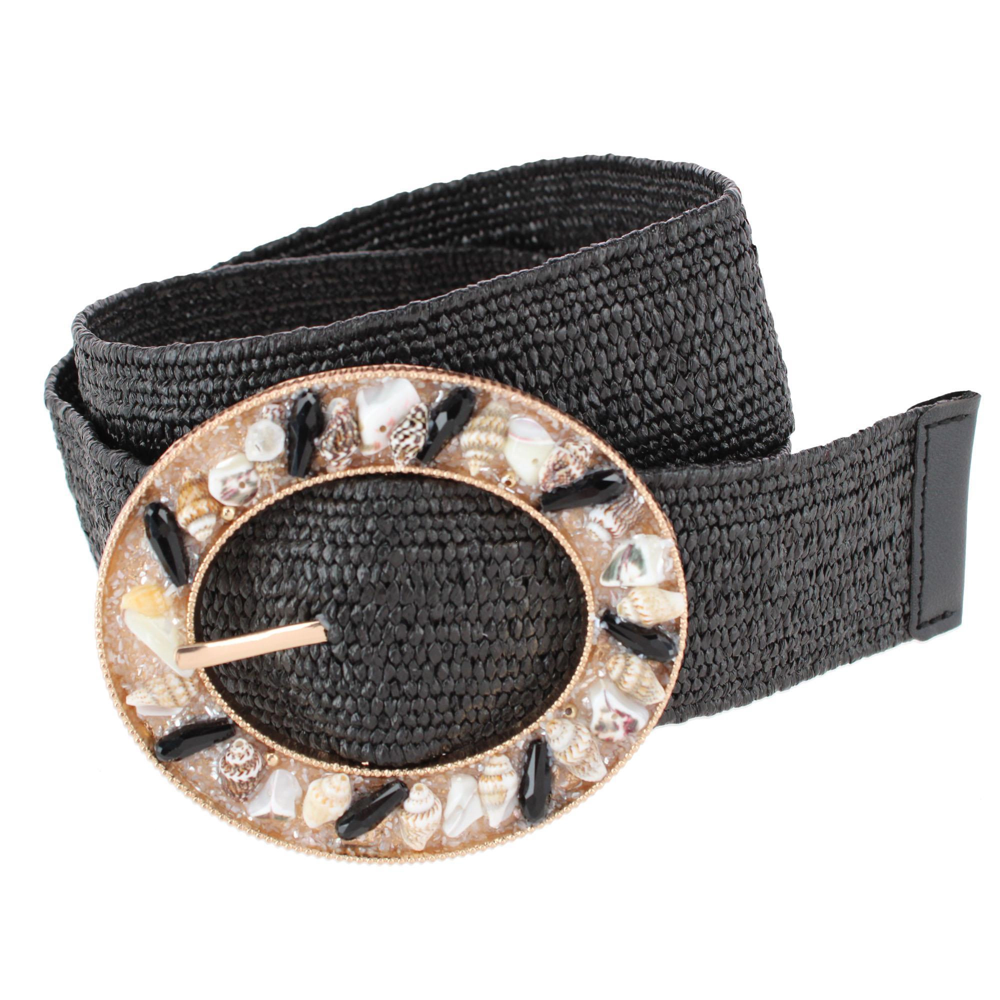 CTM Women's One Size Raffia Stretch Belt with SeaShell Buckle