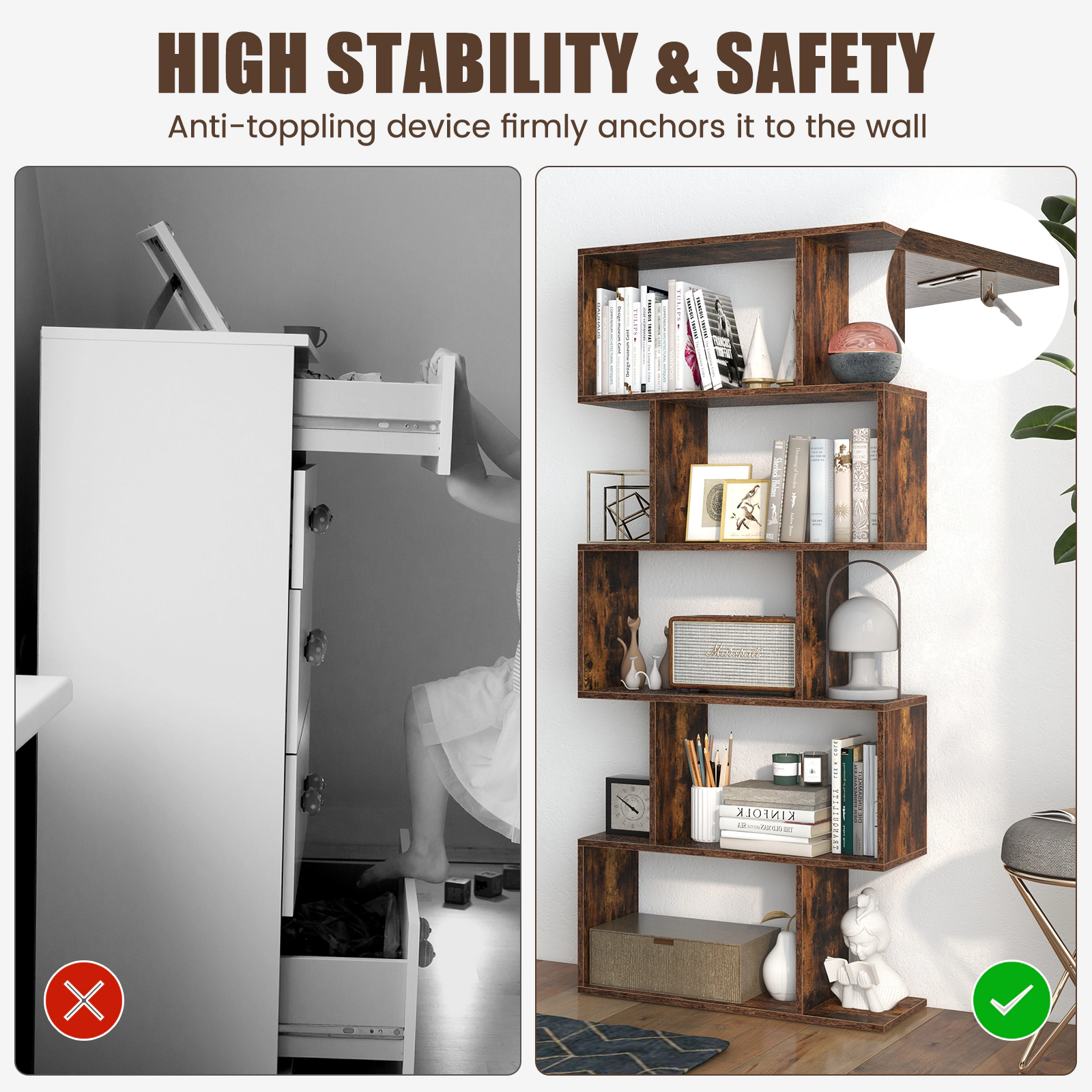 SUGIFT 5-Tier S-Shaped Engineered Wood Bookshelf 27.5-in Wide 62.5-in Tall 45-lb Shelf Capacity Rustic Brown