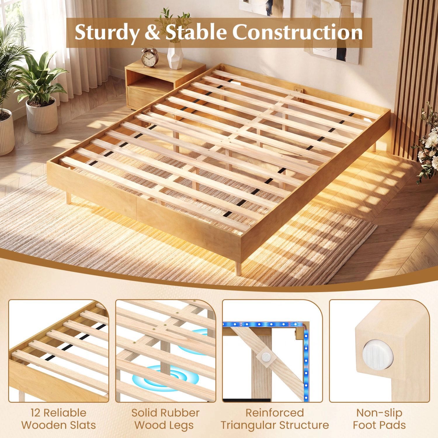 SlickBlue Modern Floating Bed Frame with LED Lights and Wood Slats