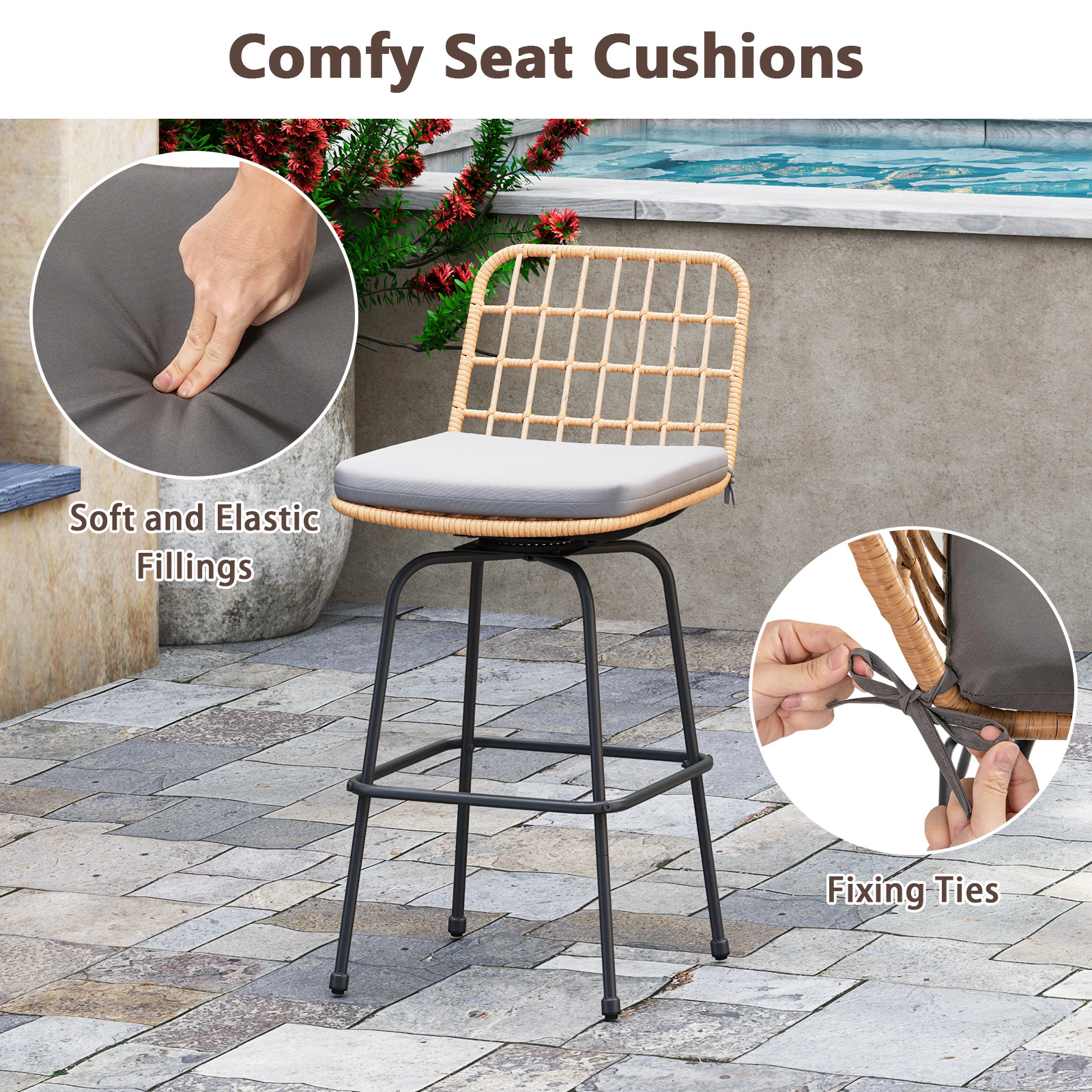 SUGIFT Gray Rattan Back and Soft Seat Cushions Set of 2 Patio Swivel Bar Stool