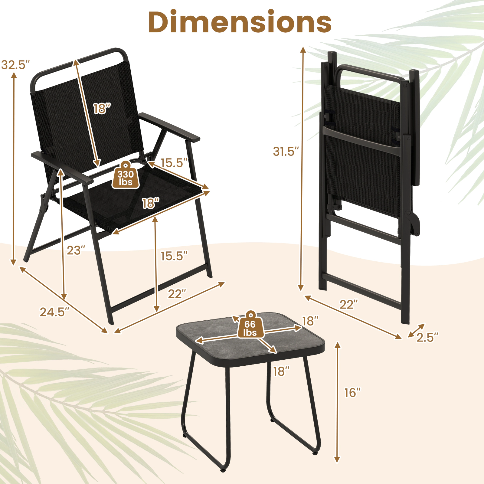 SUGIFT Black Breathable Fabric Seats 3-Piece Patio Folding Chair and Side Table Set