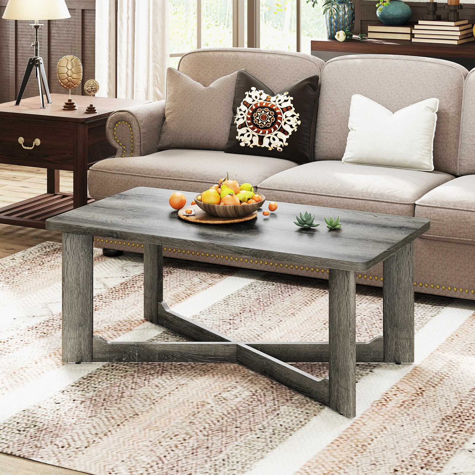 Glintex 44-Inch Rectangular Coffee Table with X-Shaped Rubber Wood Base, Gray