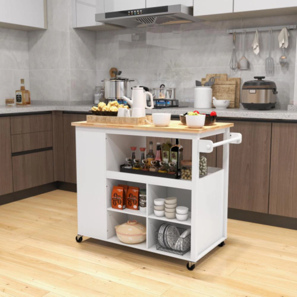 Hivvago Kitchen Island Trolley Cart On Wheels With Storage Open Shelves And Drawer-White