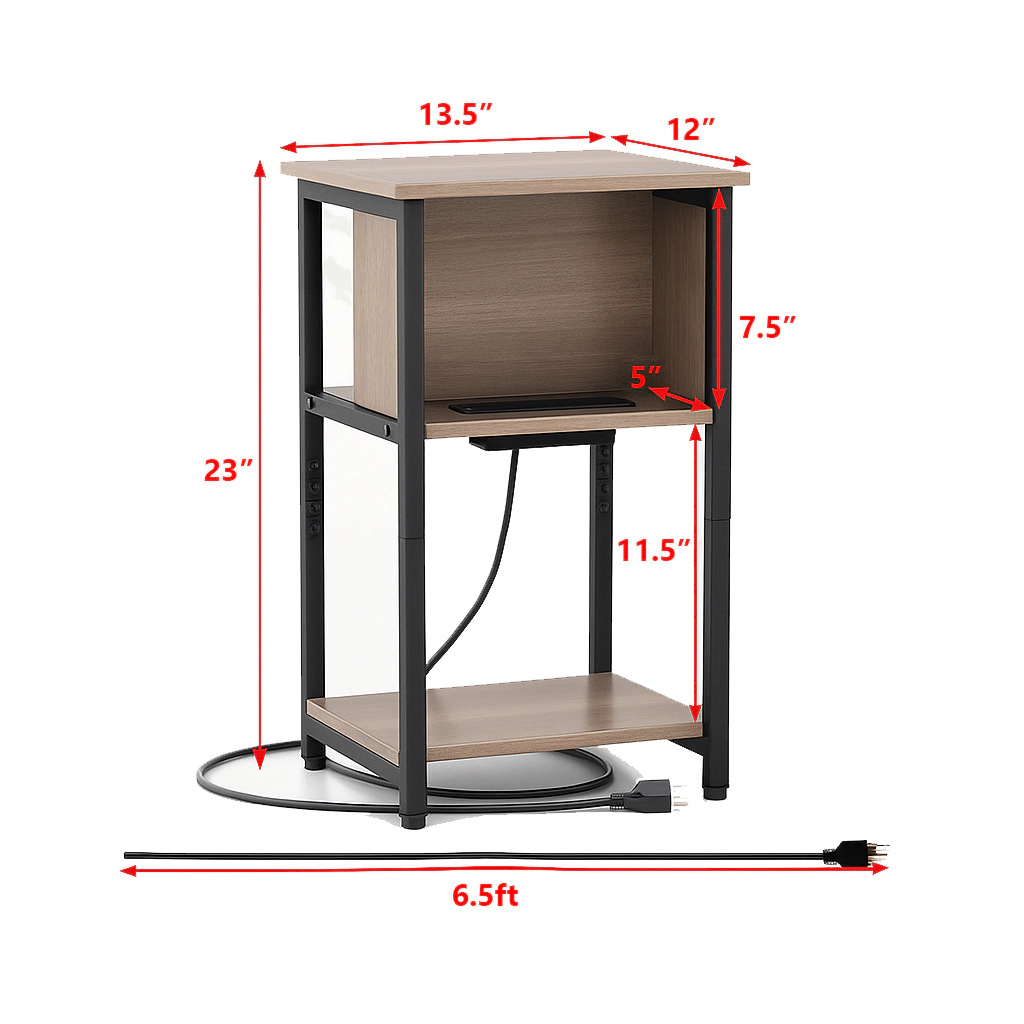 Hivvago 3-Tier Side Table with Charging Station, USB Ports, and Power Outlets