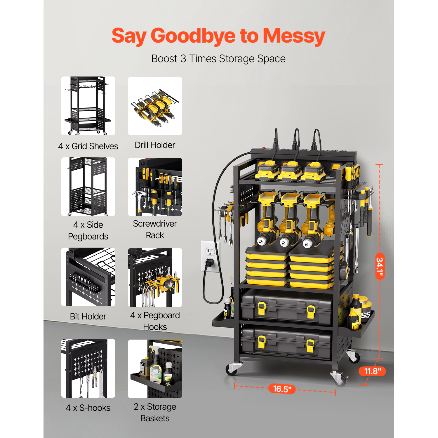 HONGGE Tool Organizer Cart with Charging Station 8 AC Outlet Floor Stand Rolling Drill Holder and Tool Battery Storage