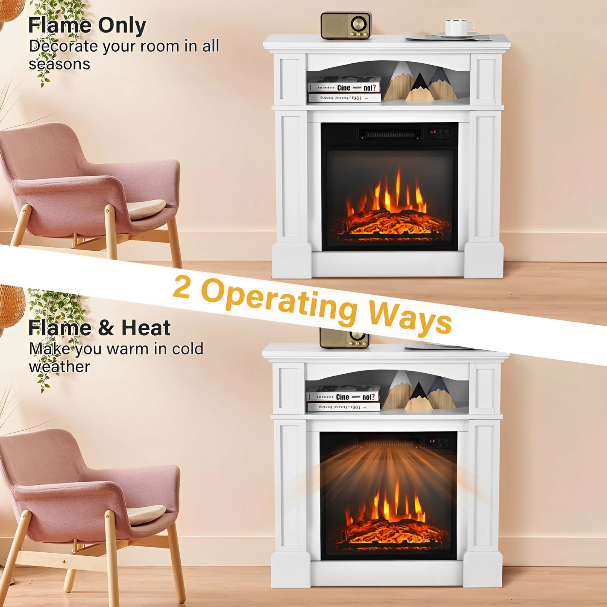 SUGIFT 18-in Electric Fireplace Insert Arched Open Shelf Mantel TV Stand 32-in x 13-in x 31-in 1400W 4650 BTU White