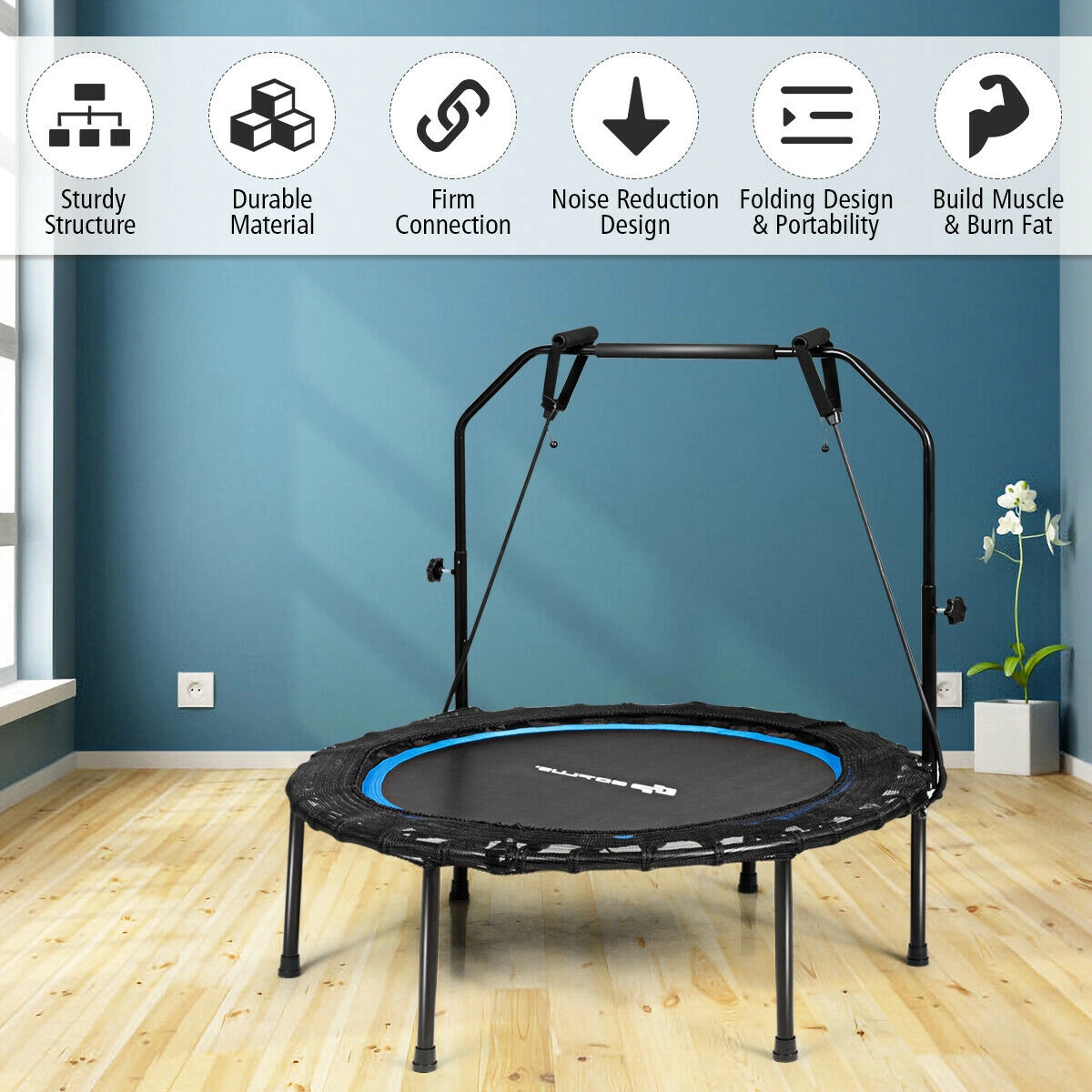 SUGIFT 40-in 330-lb Capacity Foldable Fitness Rebounder Trampoline with 3-Height Handrail and Resistance Bands