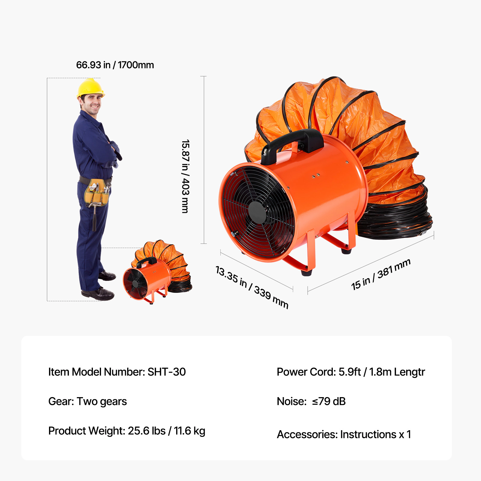 HONGGE Portable Ventilator Heavy Duty Cylinder Fan with Duct Hose Strong Shop Exhaust Blower Industrial Utility Blower