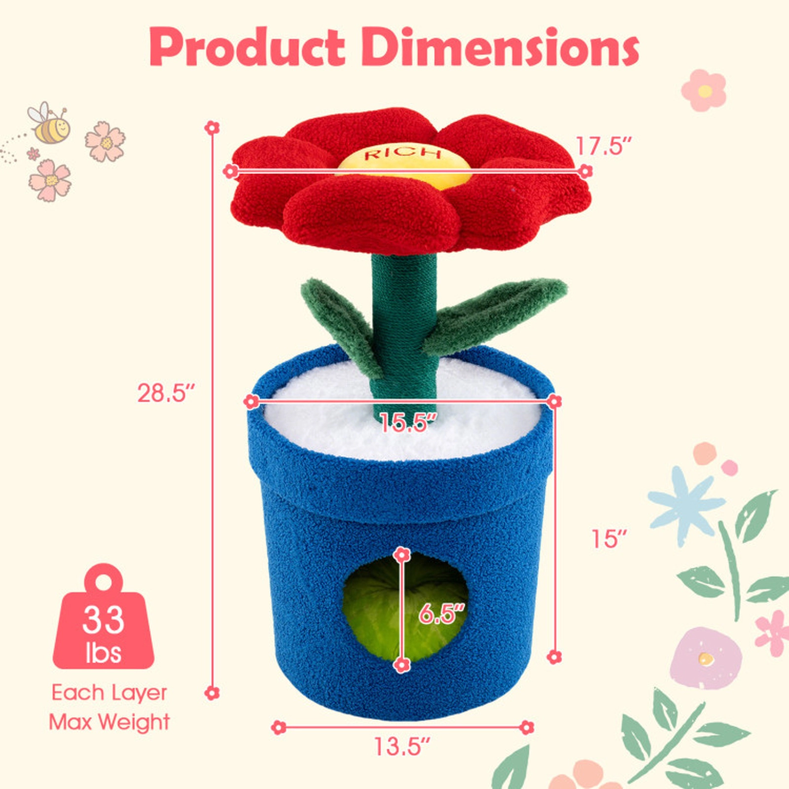 SUGIFT 28.5-in Flower-Shaped Compact Cat Tree Tower with Planter Condo Jute Posts and Leaf Toys
