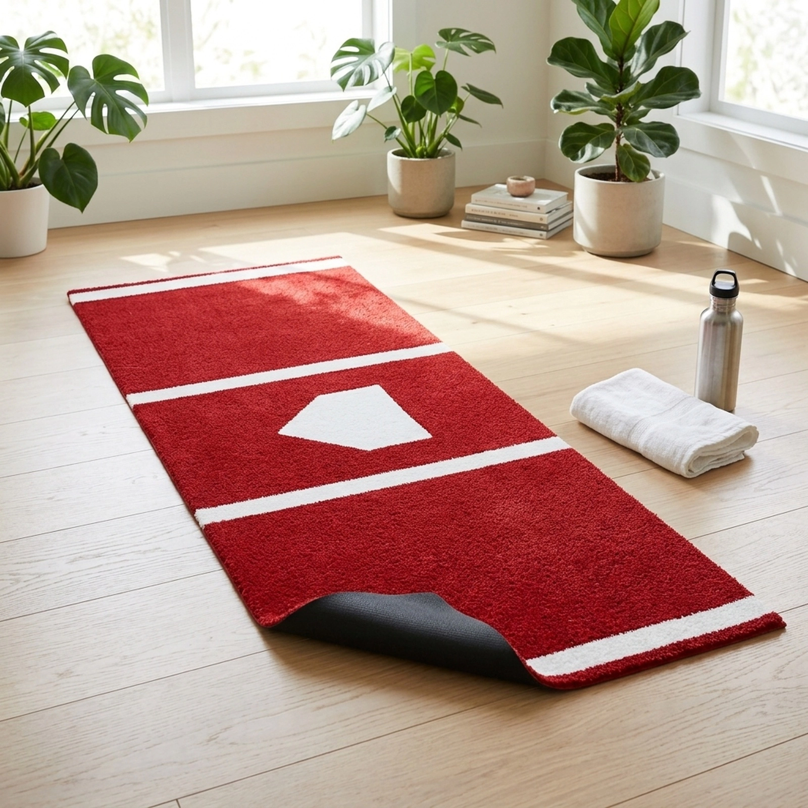 10-ft x 3.8-ft Softball and Baseball Turf Batters Box Mat Plate Outline Dual-Sided Layout Tote Strap Red Hitting Mat