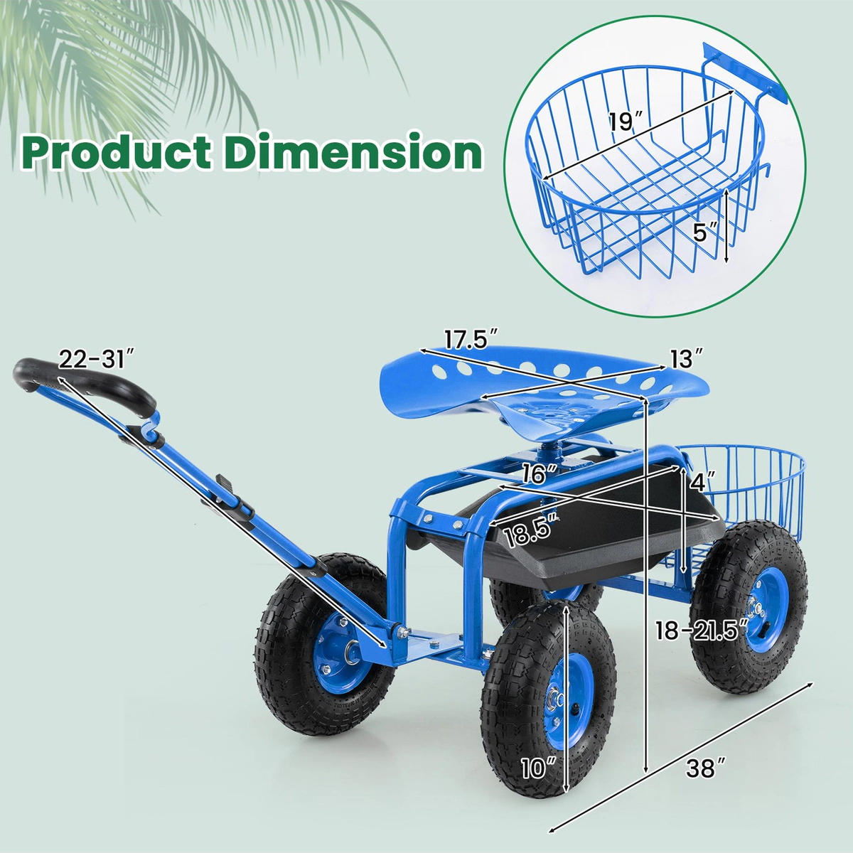 SUGIFT Blue 330-lb Capacity Heavy Duty Rolling Steel Garden Cart Seat with 360 Swivel Stool and Tool Tray