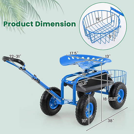SUGIFT Blue 330-lb Capacity Heavy Duty Rolling Steel Garden Cart Seat with 360 Swivel Stool and Tool Tray