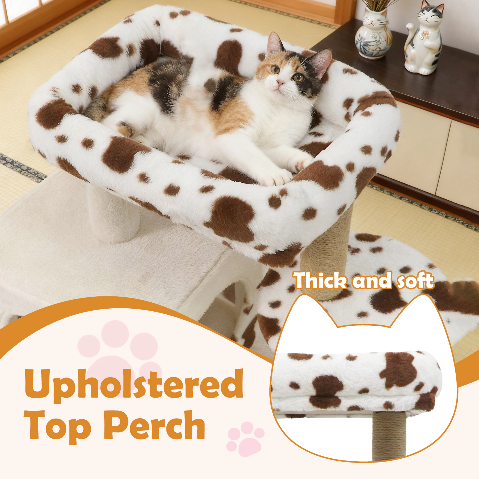 SUGIFT Modern Cat Tree Indoor Cat Tower with Wide Upholstered Perch and 2-Entrance Cat Condo 30-in Tall White Brown