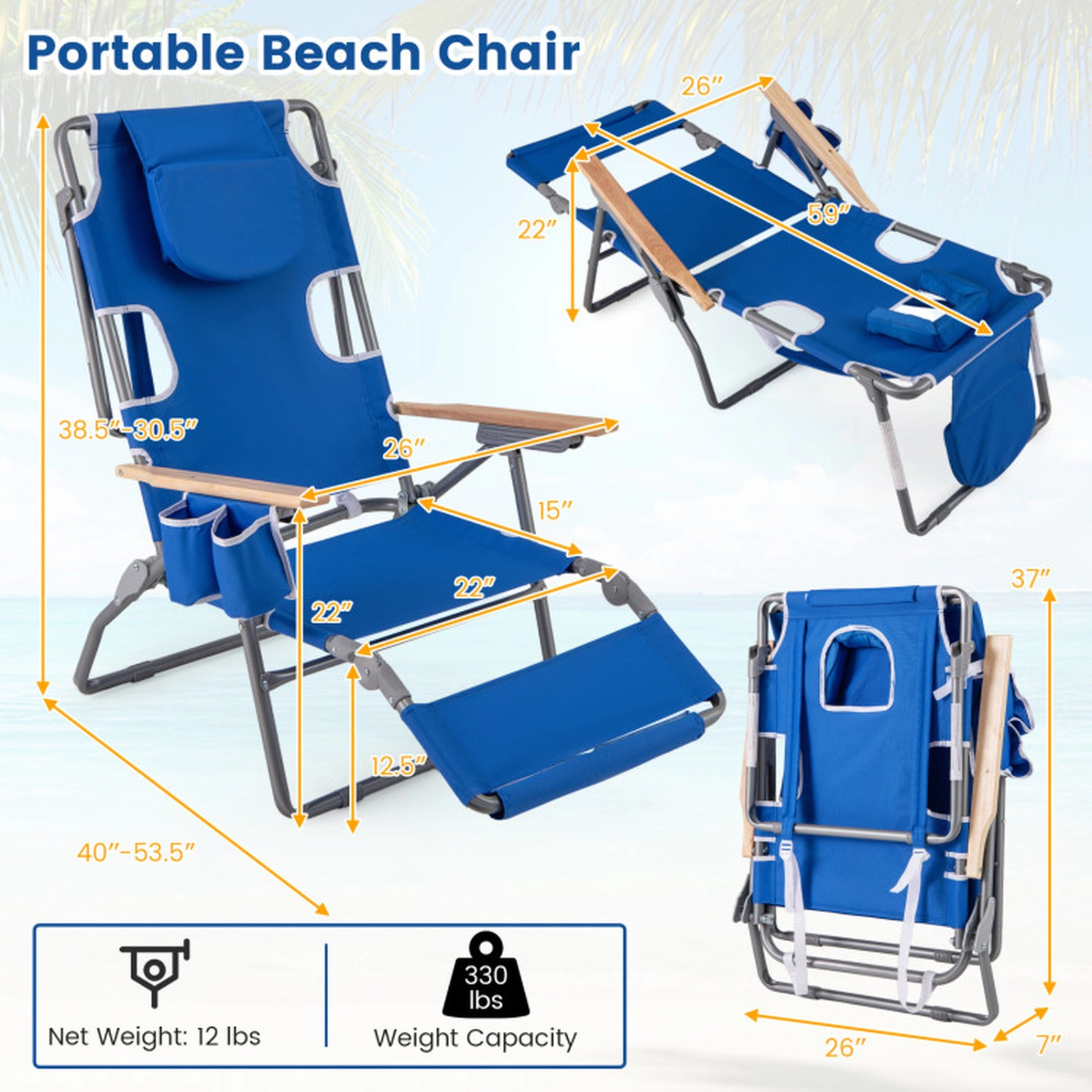 SUGIFT 3-in-1 Foldable Beach Chair with Adjustable Backrest and Footrest 330-lb Capacity Navy