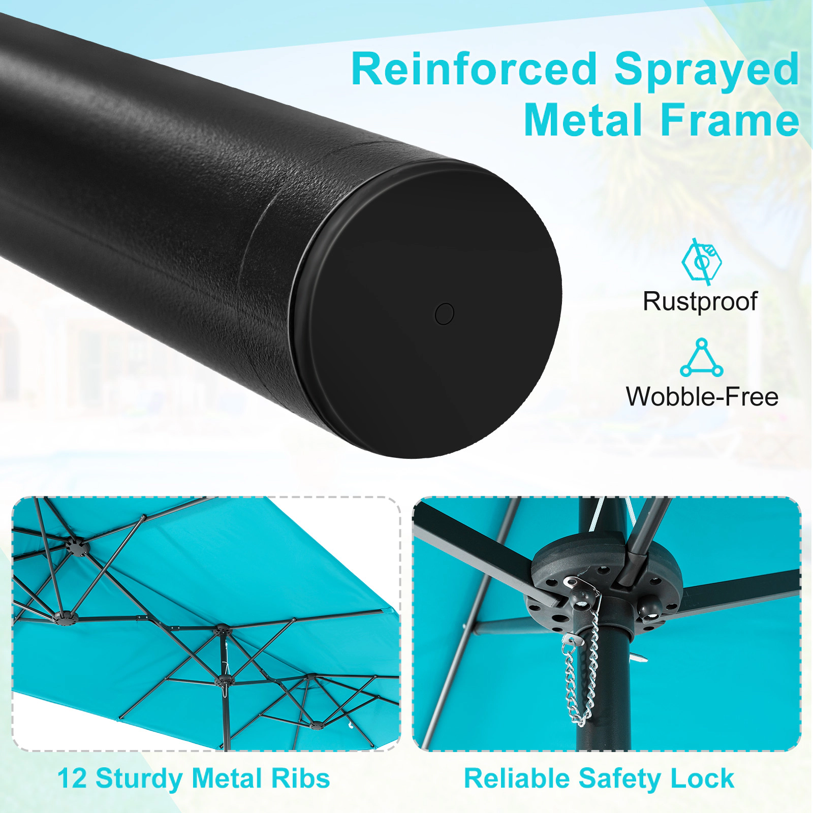 SUGIFT 13-Foot Double-Sided Patio Twin Table Umbrella with Crank Handle and Fillable Cross Base Turquoise