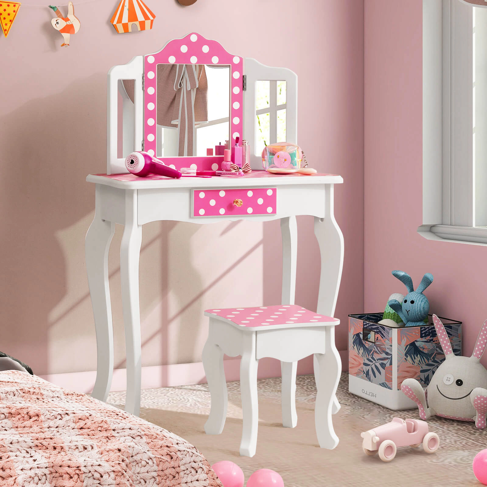 SUGIFT Pink Tri-Folding Mirror and Polka Dot Print Kids Vanity Table and Stool Set