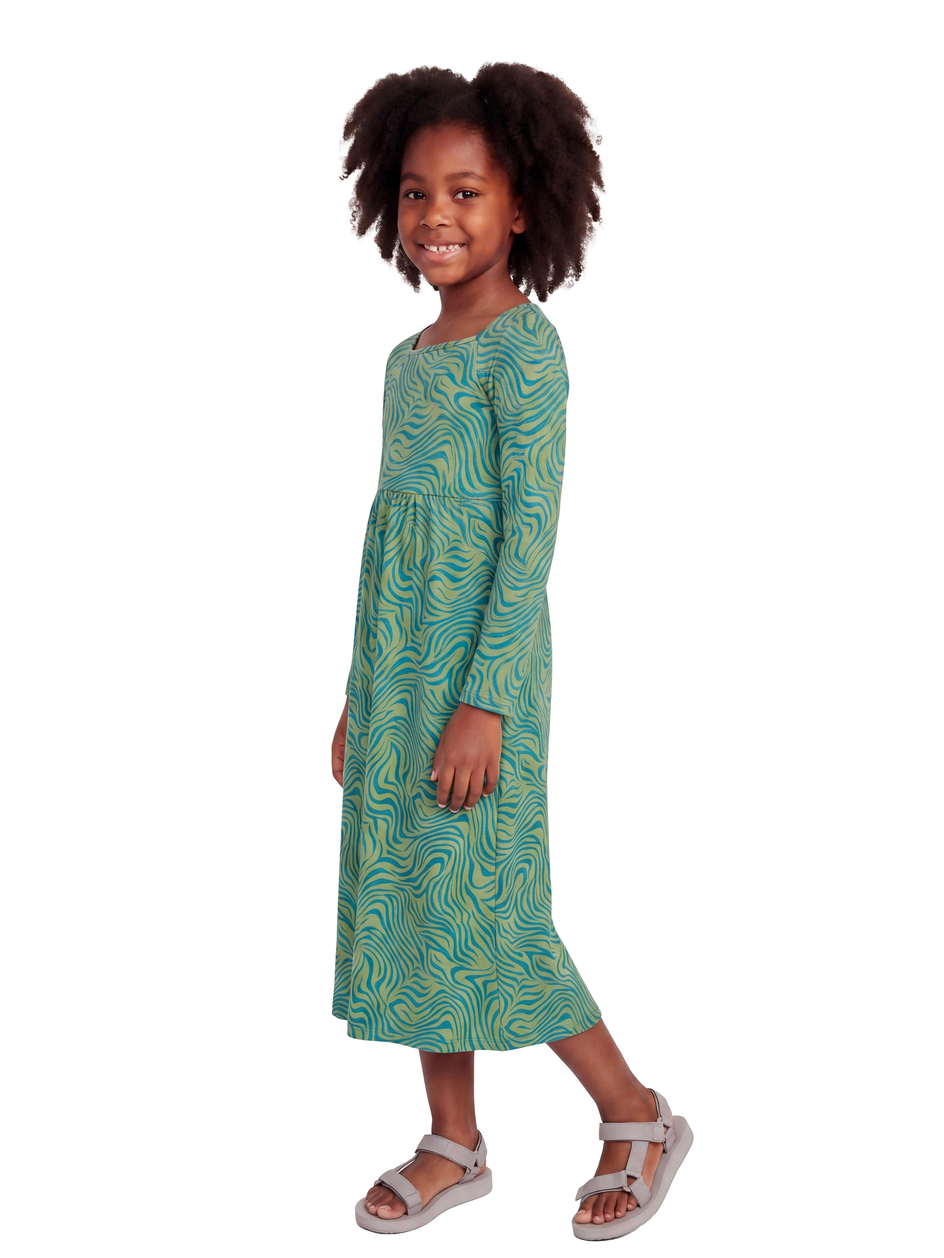24sevenKid Green Print Girls Long Sleeve Maxi Dress