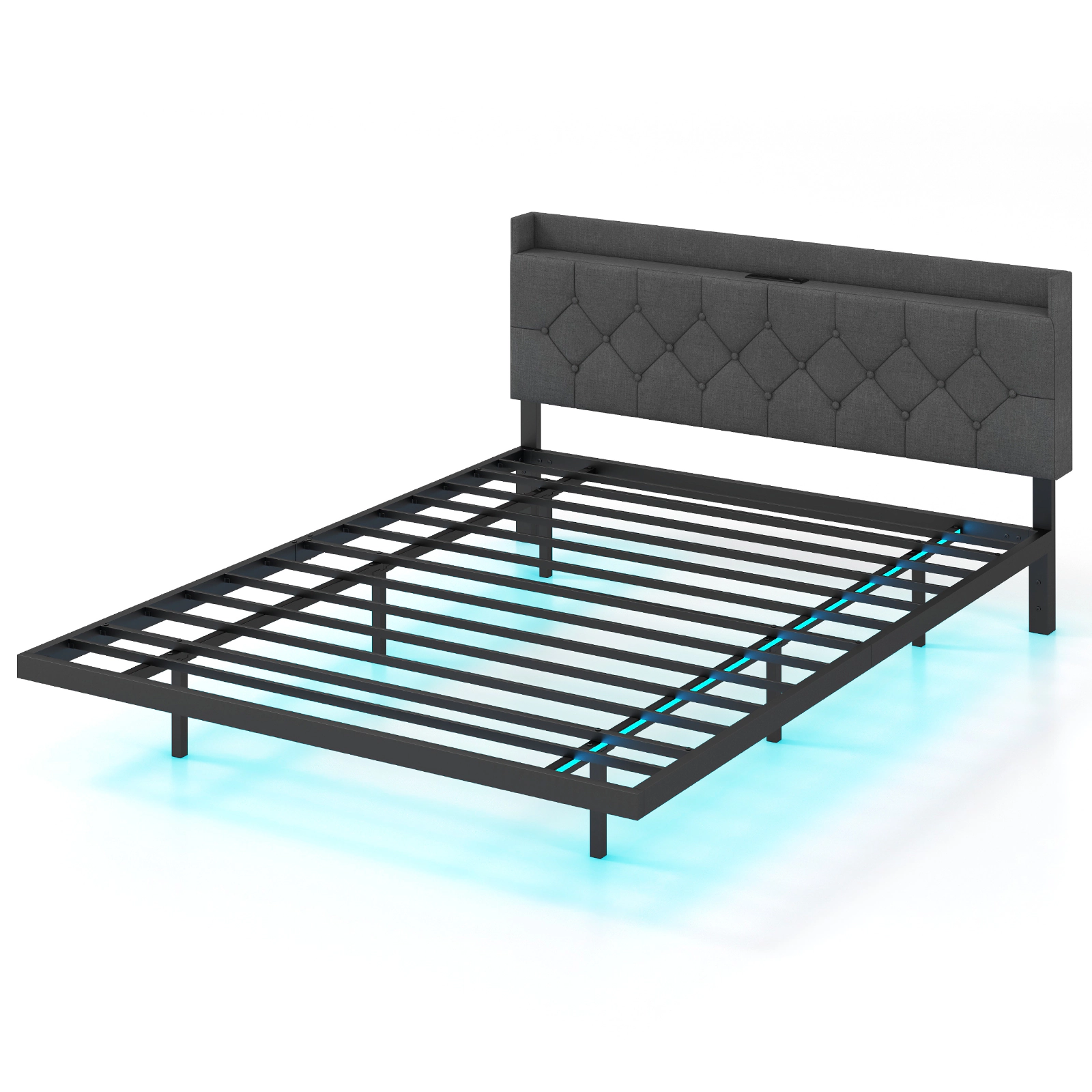 SUGIFT Floating Full/Queen Size Bed Frame with LED Storage Headboard and Charging Station 660-lb Capacity Gray