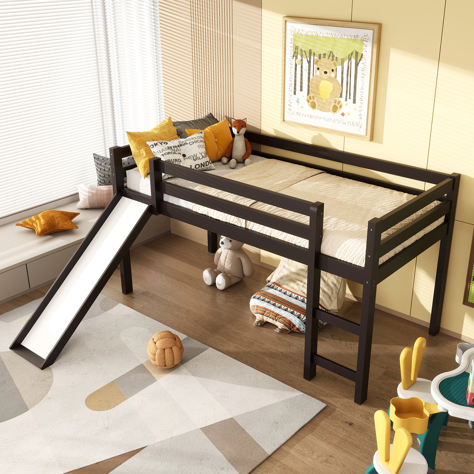 SUGIFT Slide and Ladder Pine Wood Twin Low Kids Loft Bed
