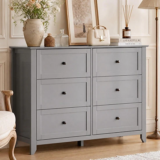 BebreezChic 6-Drawer MDF Double Dresser for Bedroom,GREY