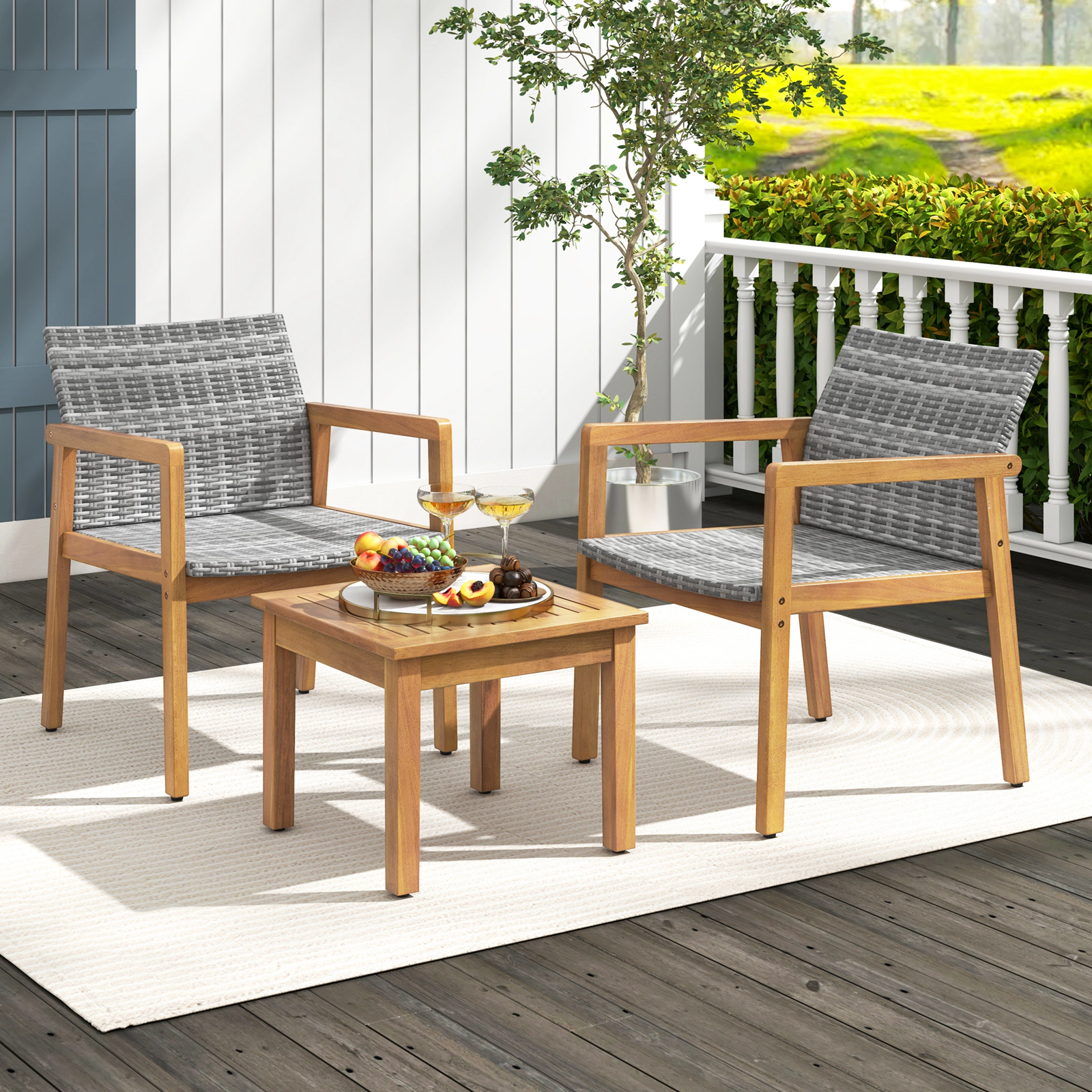 SUGIFT 3-Piece PE Rattan and Acacia Wood Patio Conversation Set with Coffee Table 400-lb Chair Capacity Mix Gray
