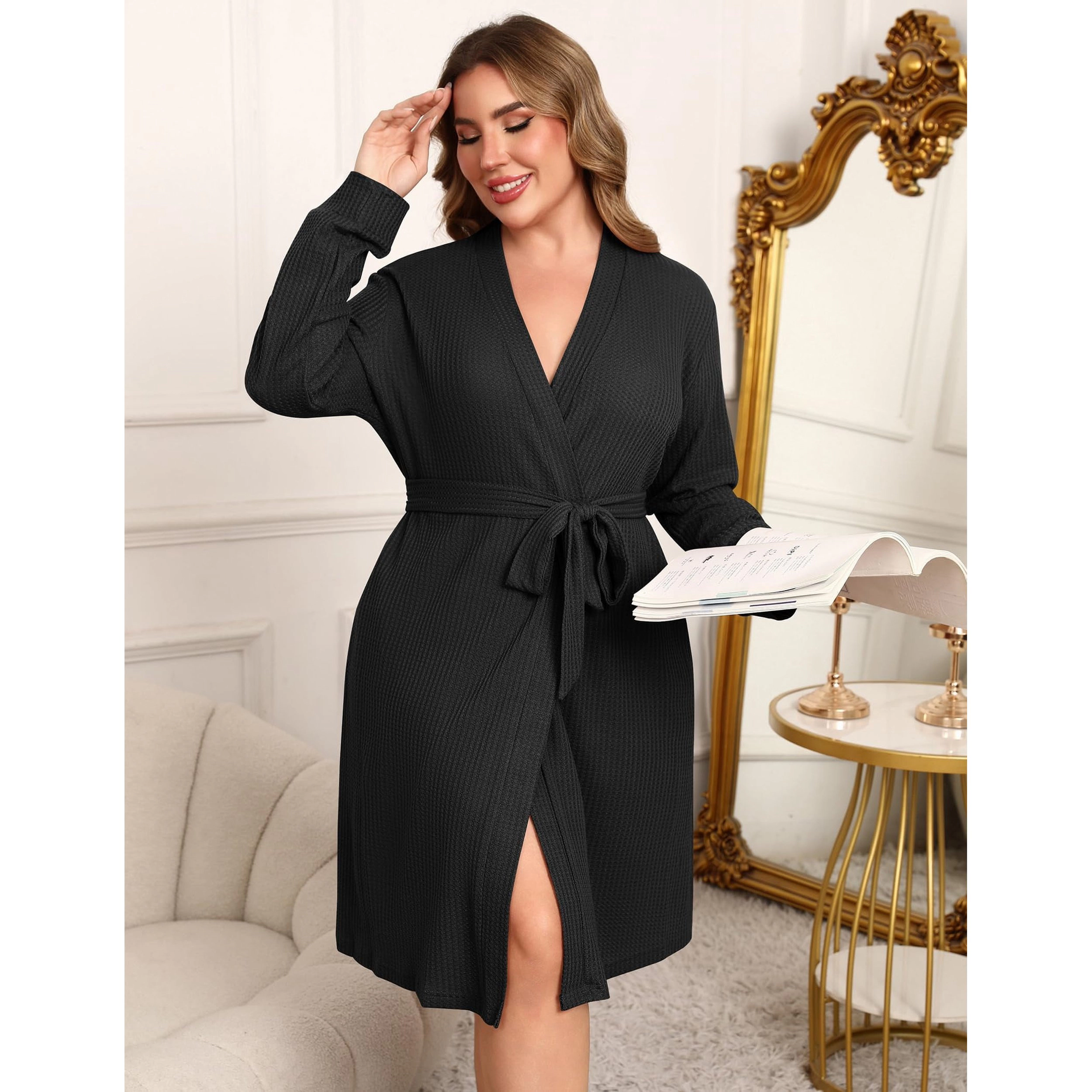 Ekouaer Women Robe Waffle Knit Bathrobe Short Lightweight Kimono Robes with Pockets Maternity