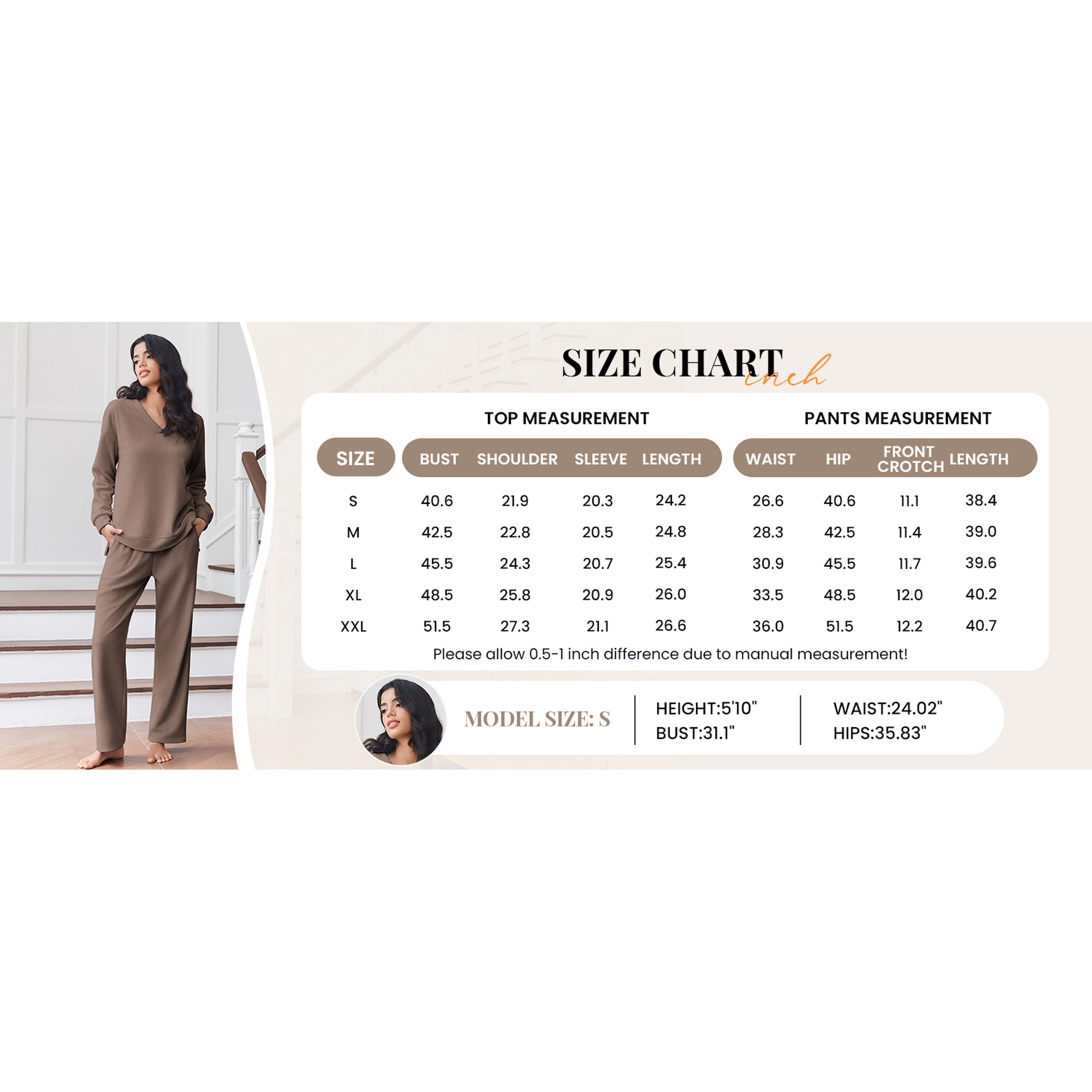 Ekouaer Pajama for Womens Set Ploar Fleece Long Sleeve Lounge Sets Pajamas V Neck Sleepwear